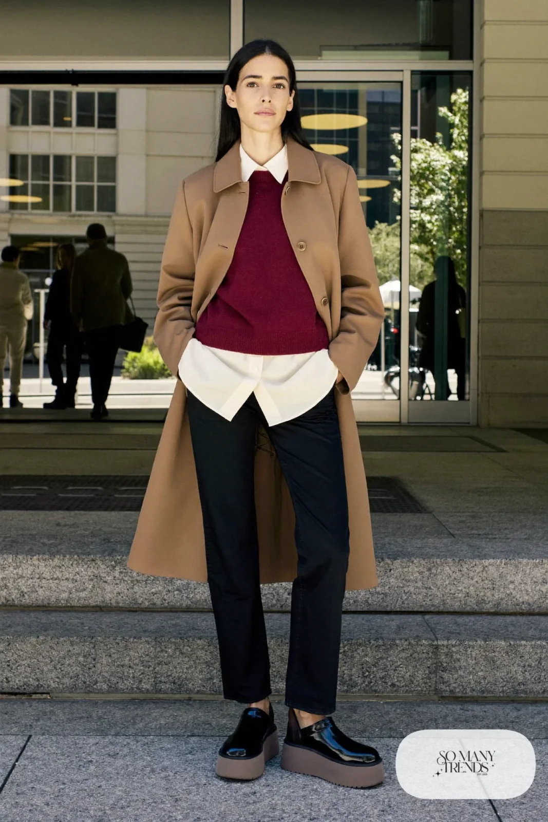 Cream cotton shirt, wine knit sweater, black straight pants and black Ugg clogs, outfit 26