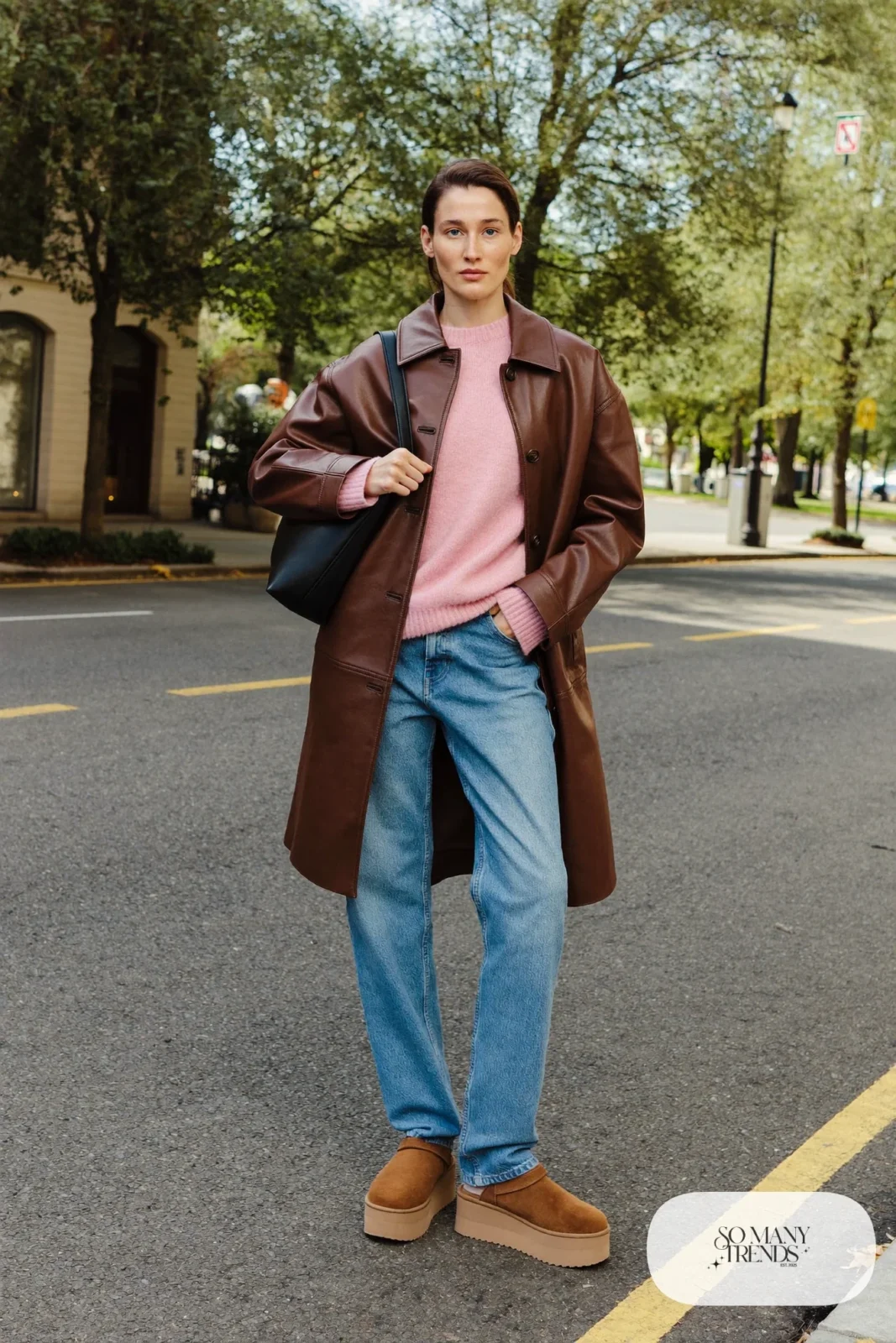 Brown leather jacket, blush knit sweater, straight jeans and chestnut Ugg clogs, outfit 27