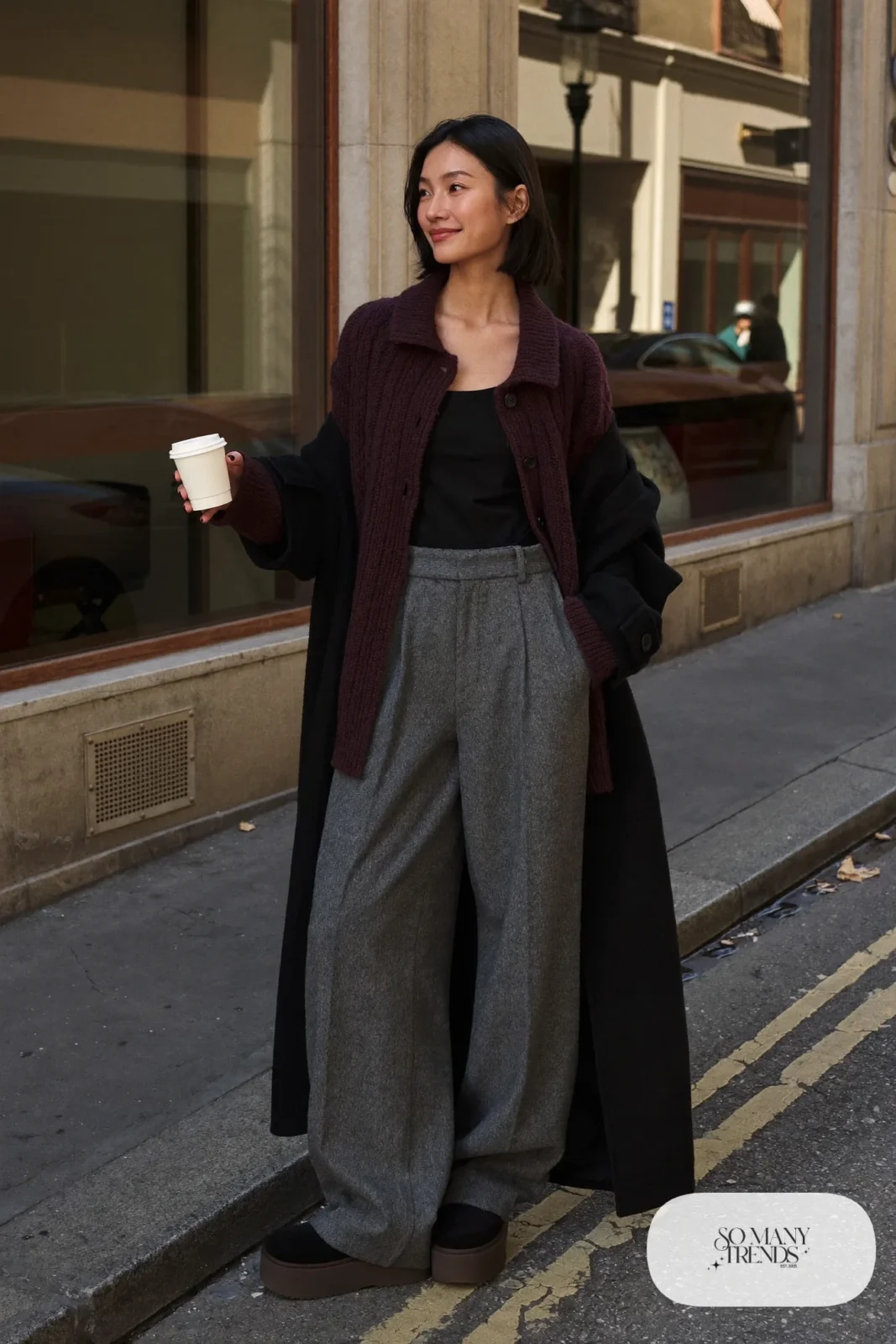 Wine chunky cardigan, black tank, gray wide-leg pants and black Ugg clogs, outfit 29