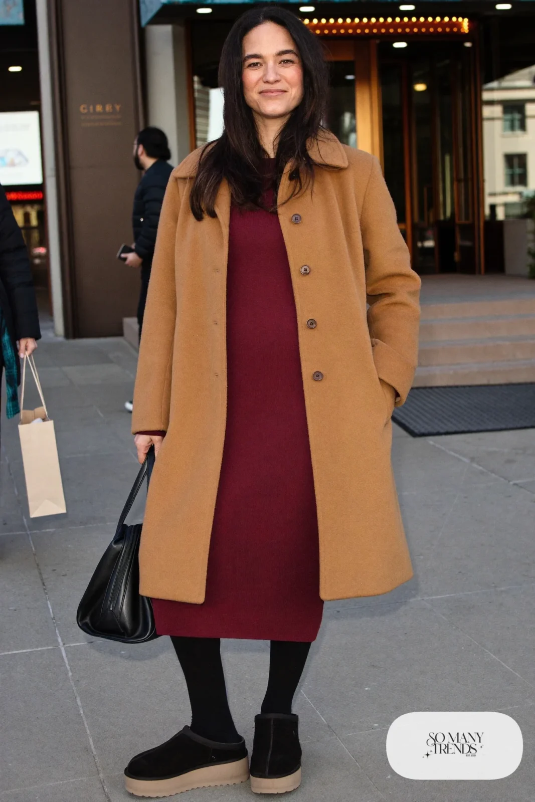 Camel wool coat, wine knit midi dress, black opaque tights and black Ugg clogs, outfit 30