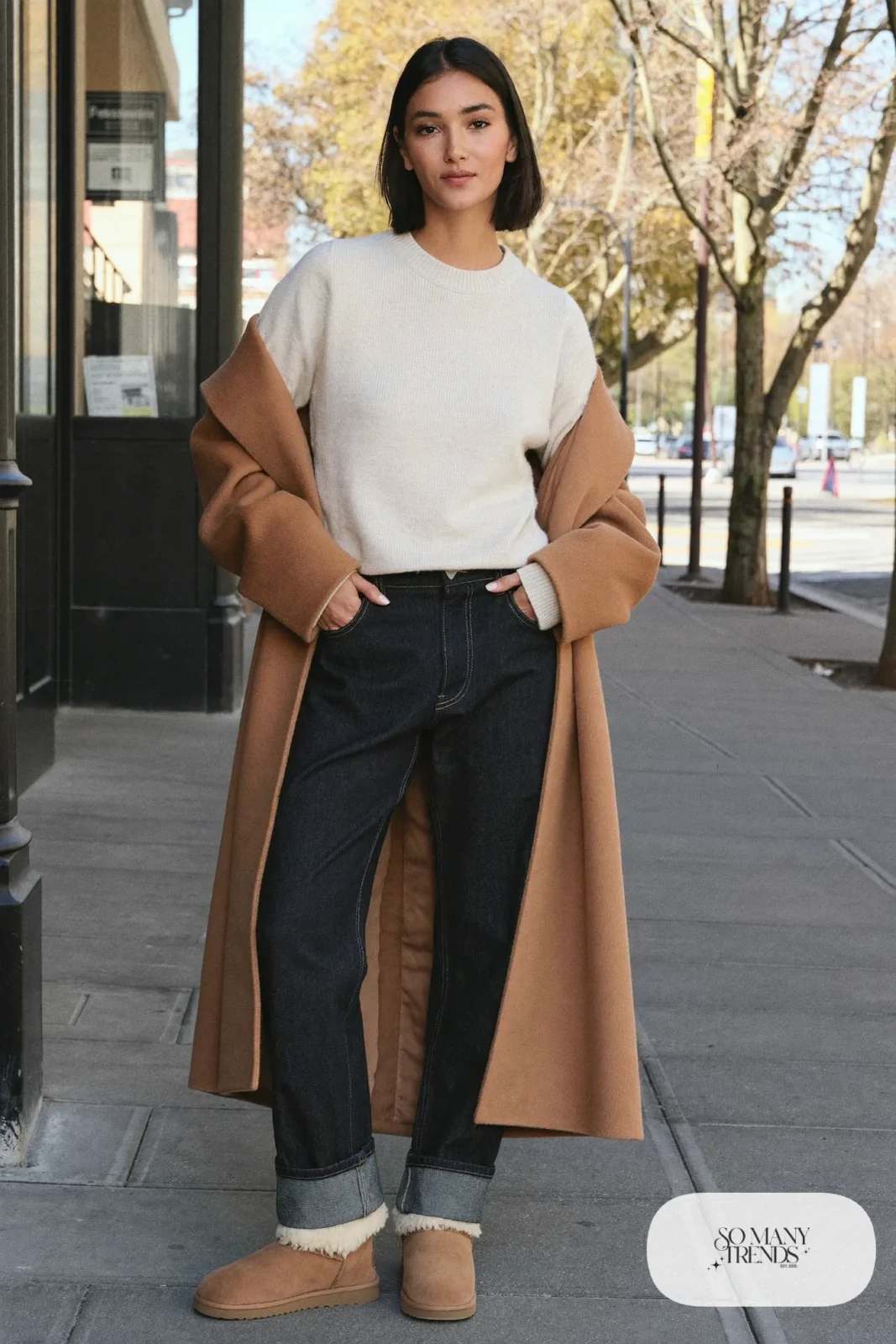 Woman in mocha barrel jeans, cream knit sweater, camel wool coat and sand Ugg mini boots, outfit 1