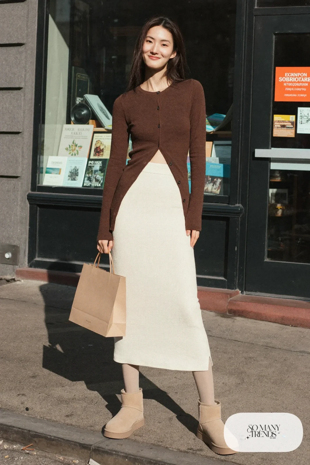 Woman in cream ribbed knit midi skirt, mocha cardigan, nude sheer tights and sand Ugg mini boots, outfit 5