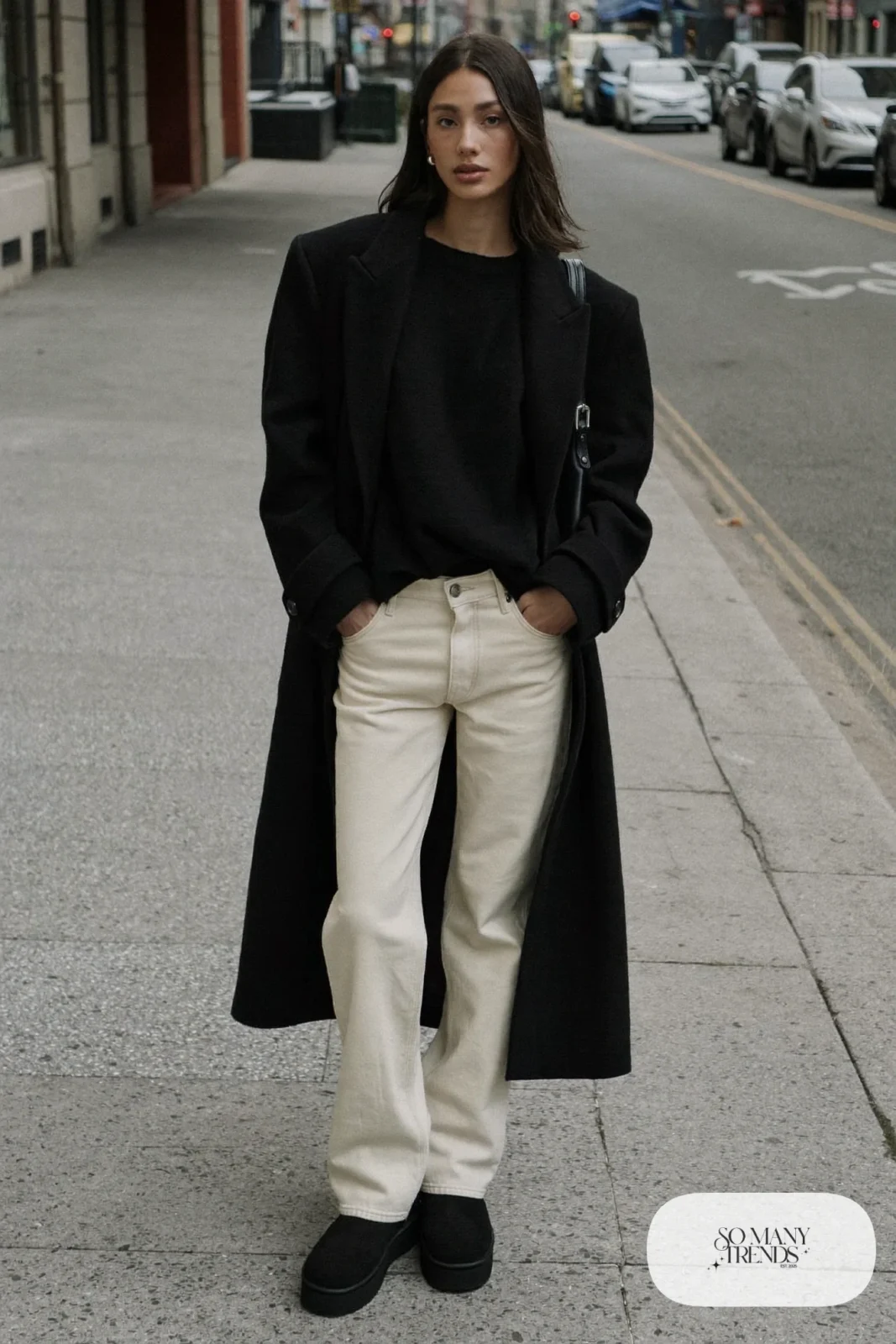 Woman in cream straight jeans, black knit, long black wool coat and black Ugg mini boots, outfit 26