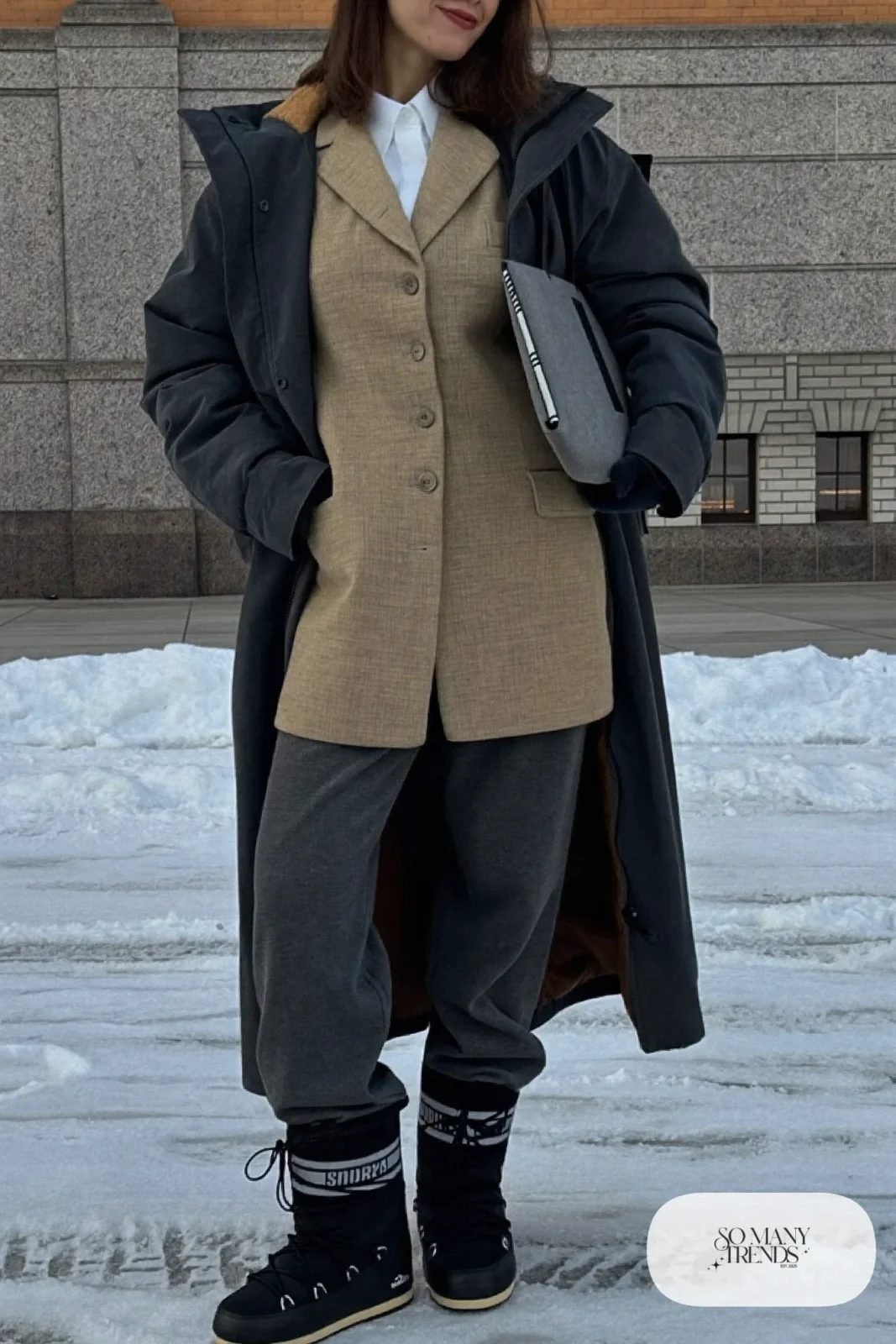 Woman in a camel blazer, open charcoal parka, white shirt, gray pants and black Sorel boots, outfit 10