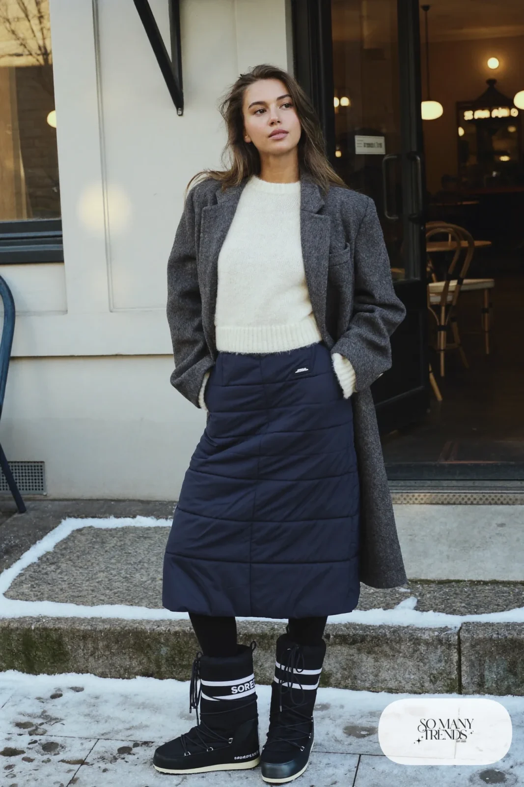 Woman in a navy quilted midi skirt, cream chunky sweater, black tights and tall Sorel boots, outfit 12