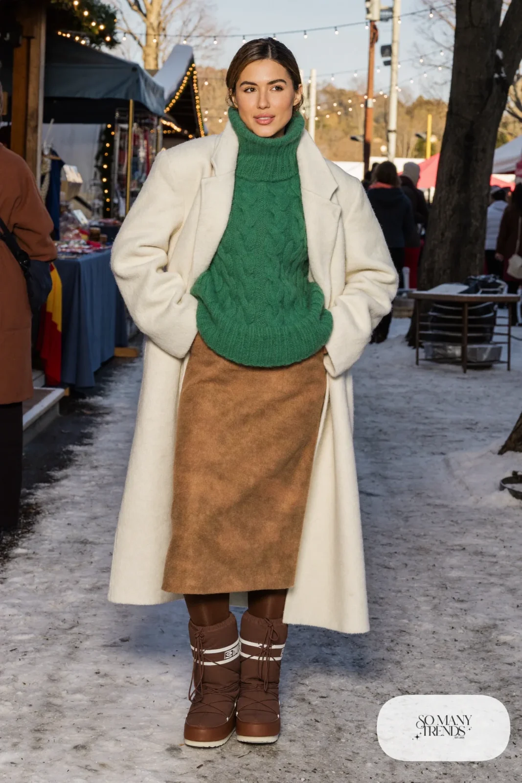 Woman in a forest green sweater, camel wool midi skirt, brown tights and Sorel boots, outfit 15