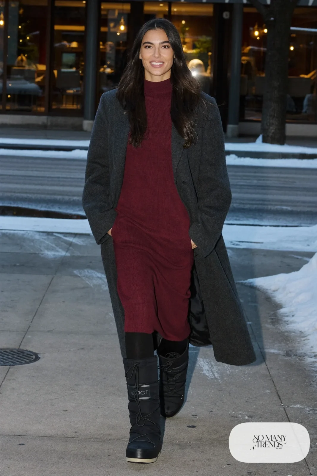 Woman in a burgundy knit midi dress, charcoal long coat, black tights and tall Sorel boots, outfit 17