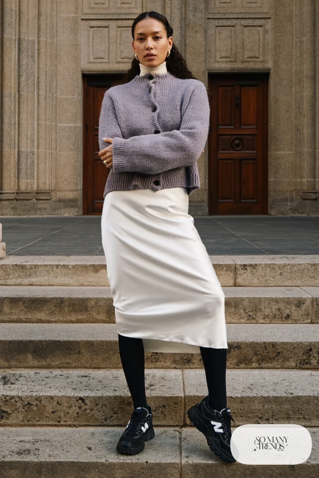Woman in a lavender chunky cardigan, cream turtleneck, white midi skirt, tights and black Converse Run Star Hike platform sneakers - outfit 24