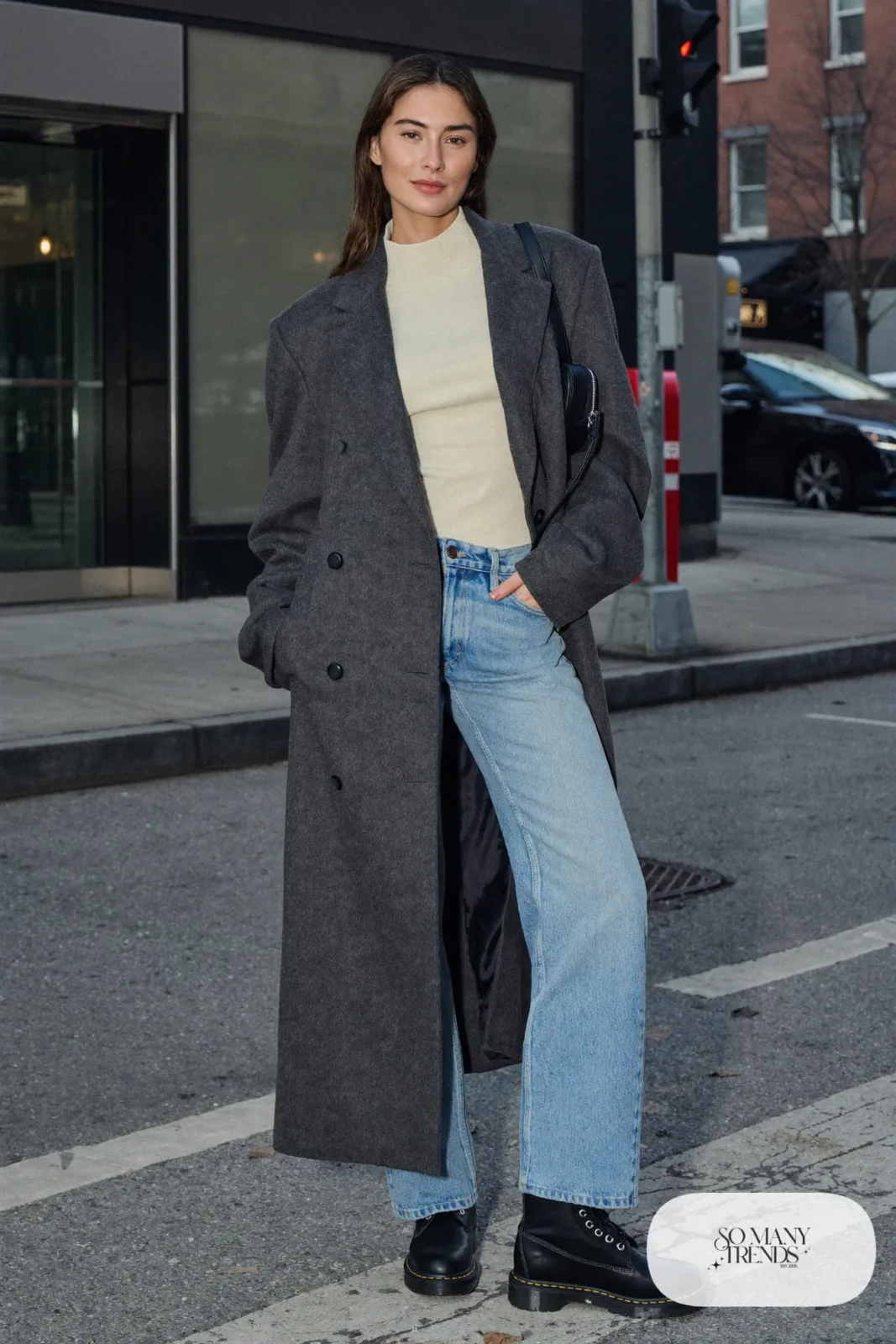 Woman in long charcoal wool coat, light-wash jeans, cream turtleneck and black Timberland-style boots, outfit 2