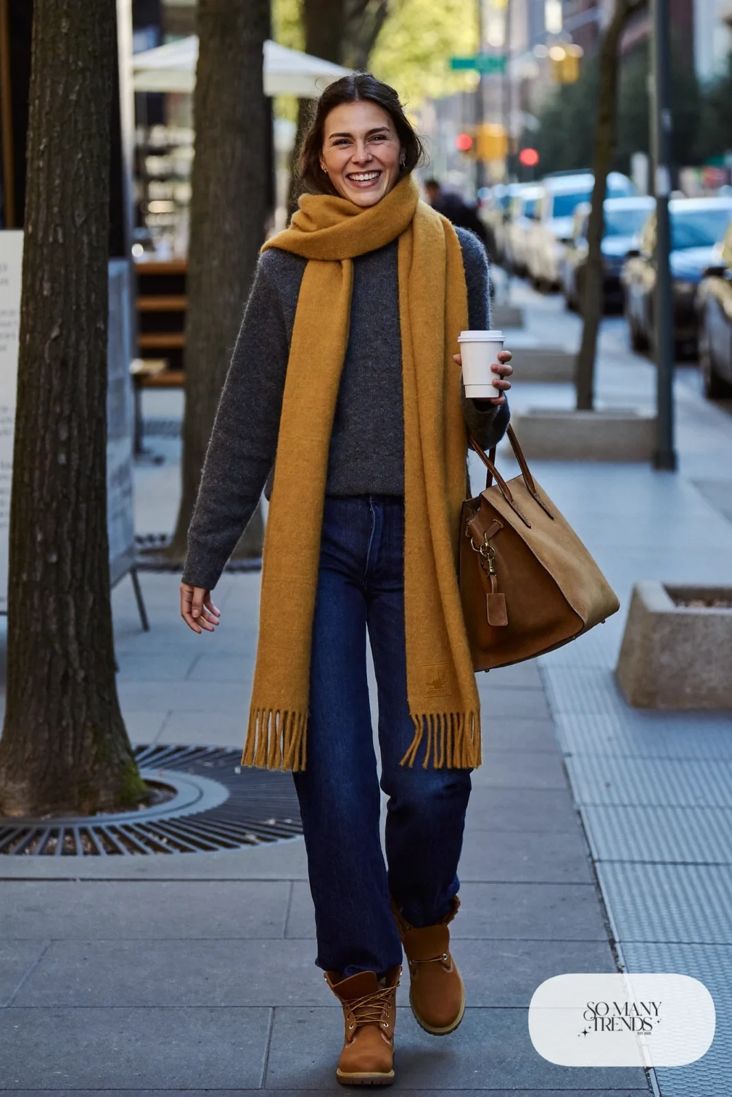Woman in charcoal sweater, dark jeans, mustard scarf and brown Timberland-style boots, outfit 4