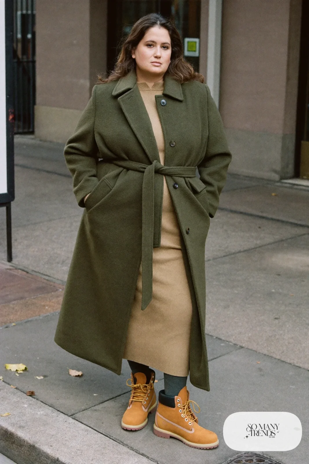 Woman in camel ribbed knit midi dress, charcoal tights, wheat Timberland-style boots and belted coat, outfit 8