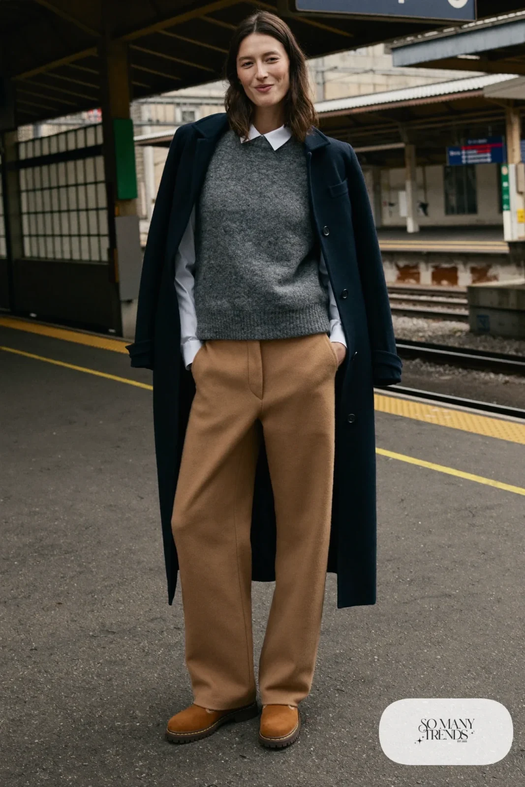 Woman in gray knit vest, white collared shirt, camel pants and brown Timberland-style boots, outfit 14