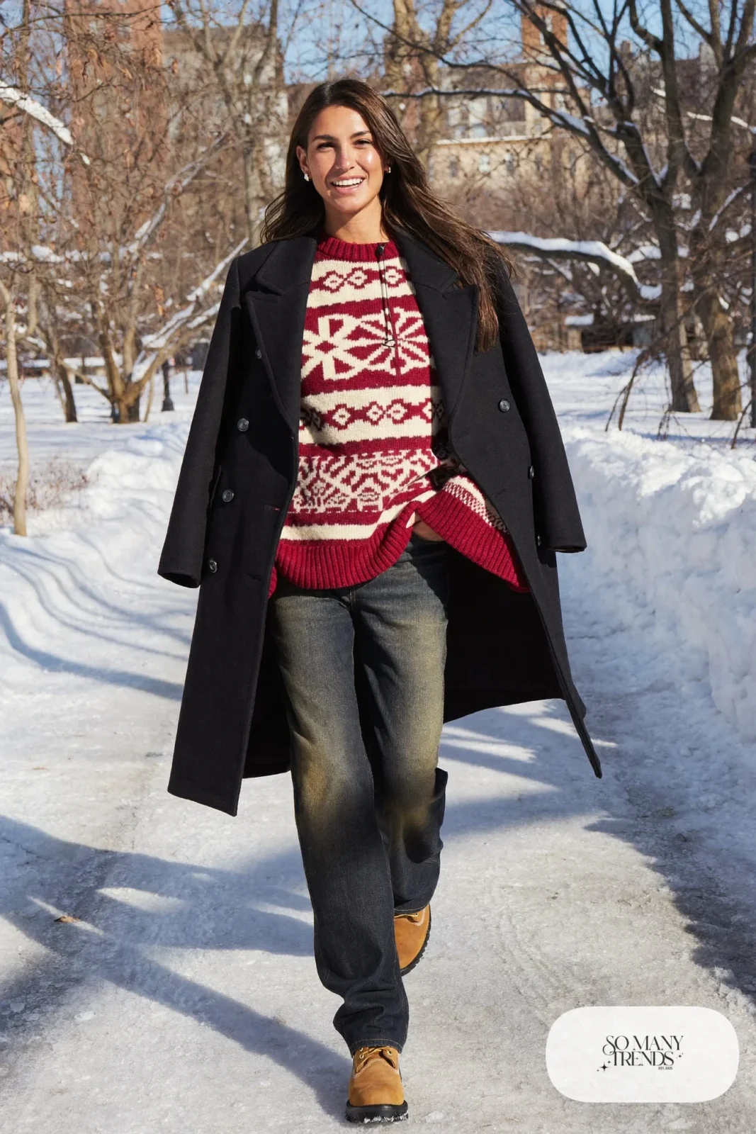 Woman in burgundy and cream Fair Isle sweater, dark jeans and wheat Timberland-style boots, outfit 15