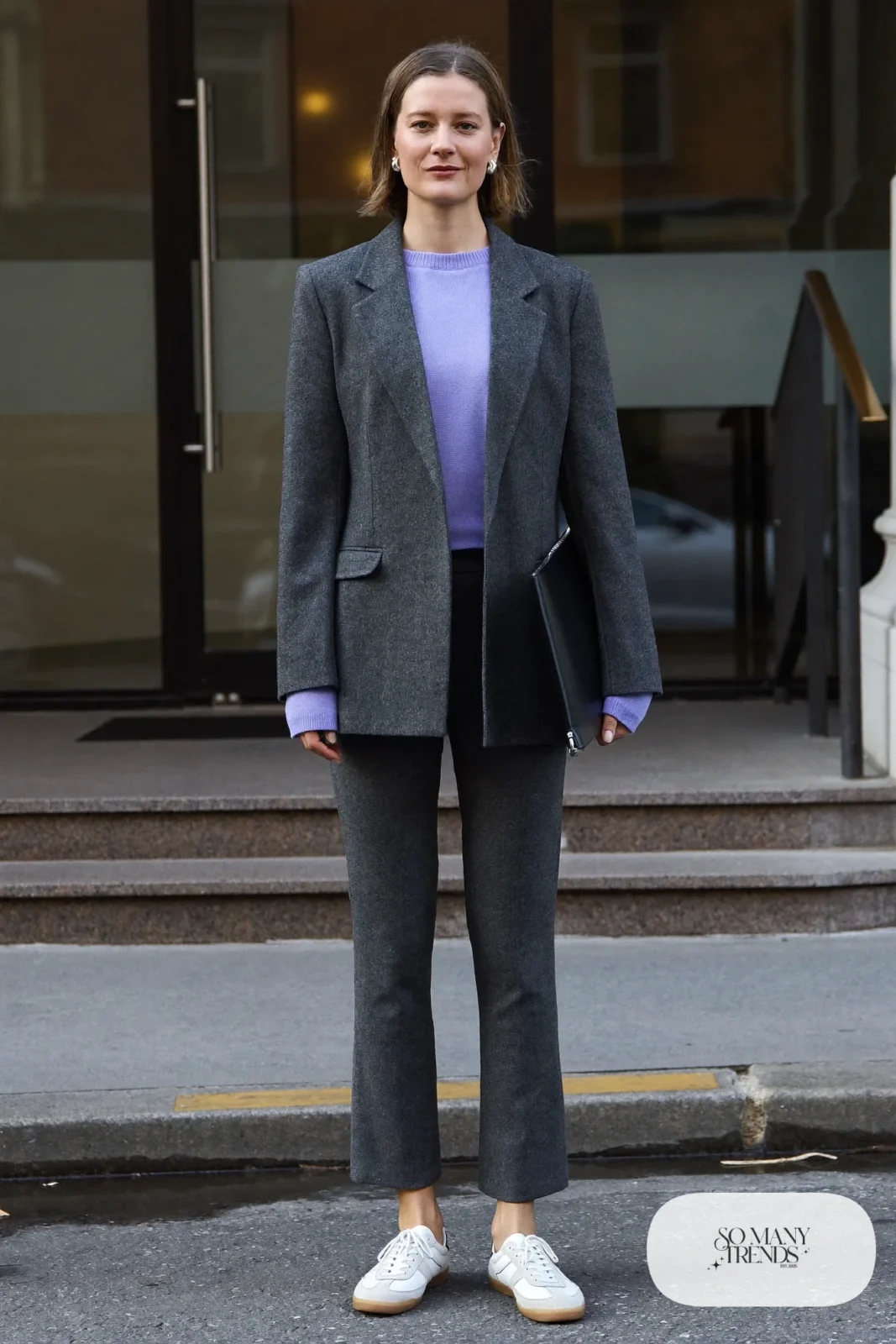 Charcoal wool blazer, lavender knit sweater, charcoal slim pants and low retro sneakers with gum soles, outfit 1