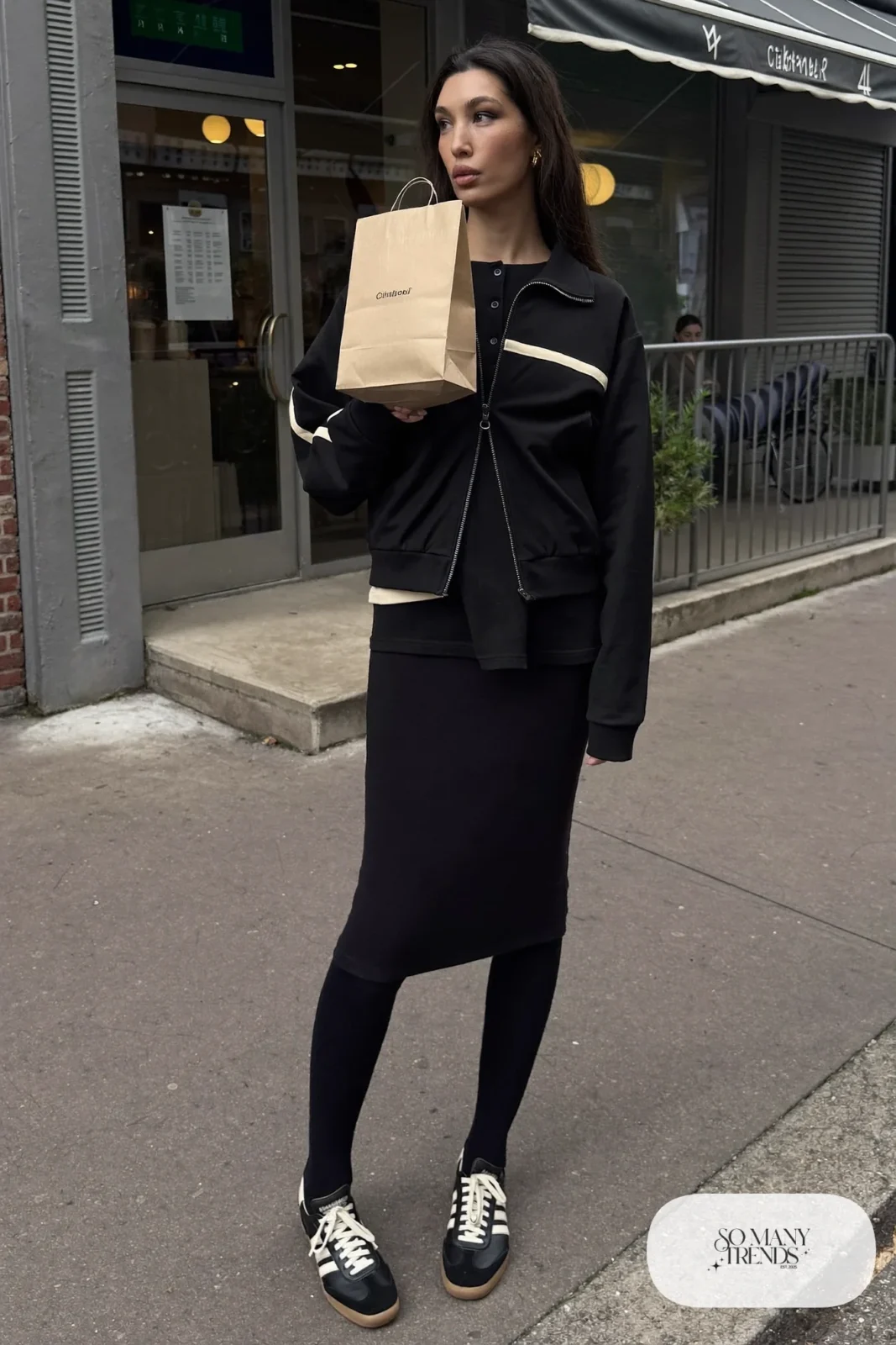 Black retro track jacket, black knit pencil skirt, sheer black tights and low retro sneakers, outfit 2
