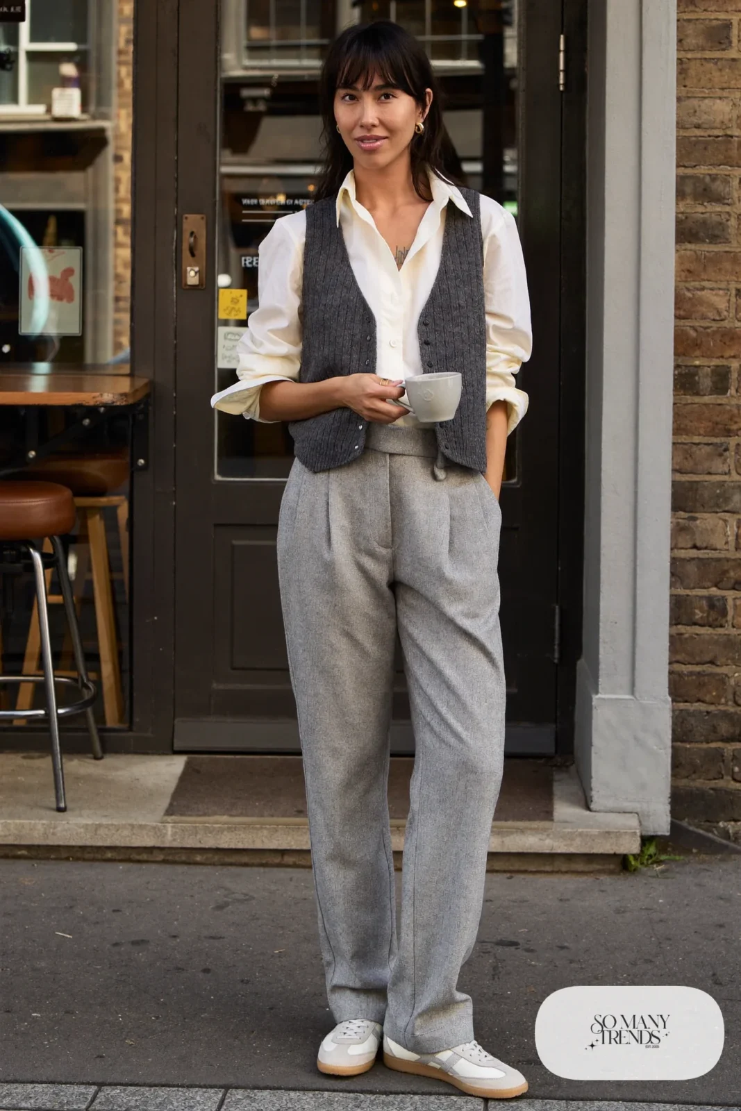 Cream cotton poplin shirt, gray wool pants, charcoal knit vest and low retro sneakers, outfit 9