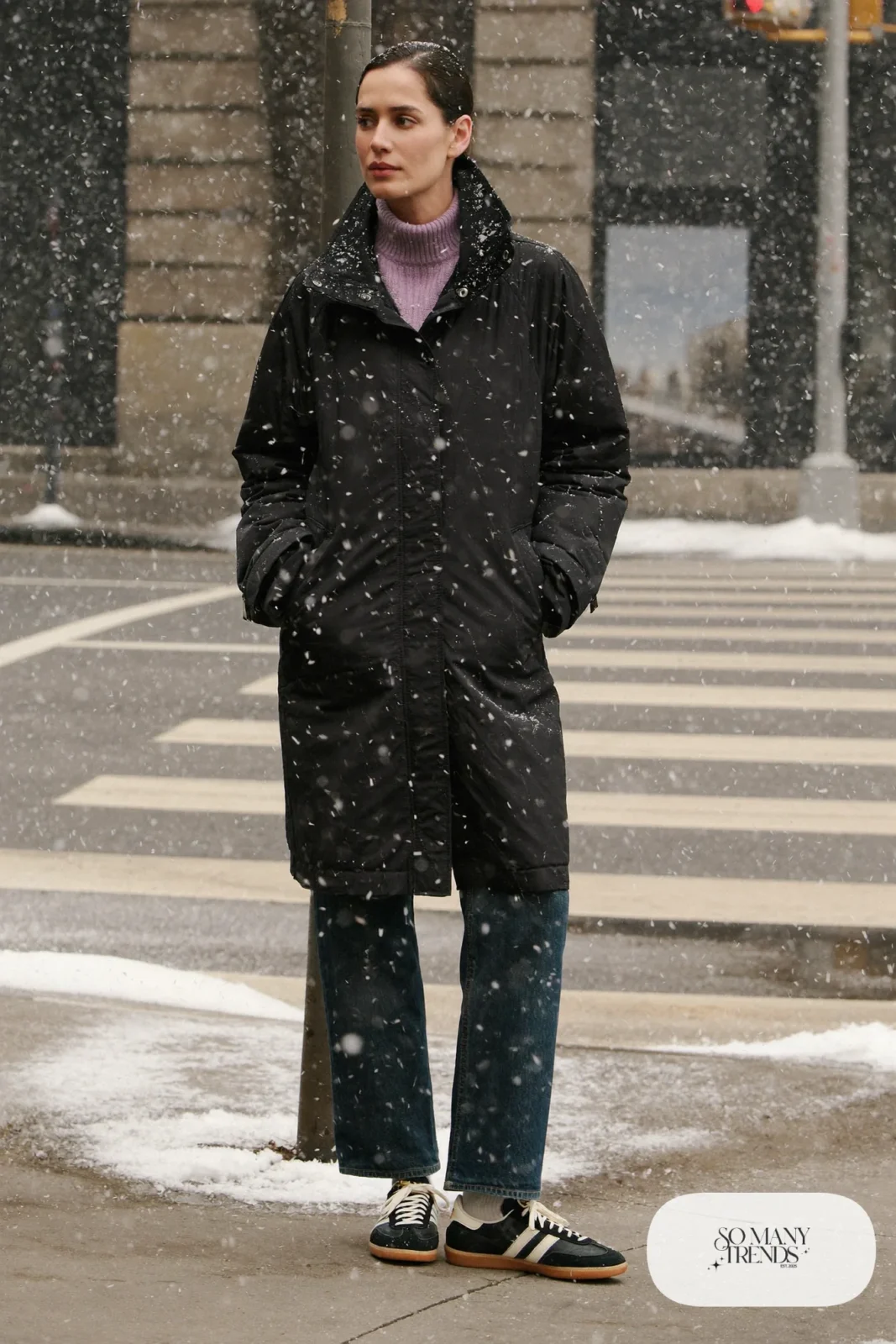 Black long parka, lavender chunky knit sweater, dark straight jeans and low retro sneakers, outfit 10