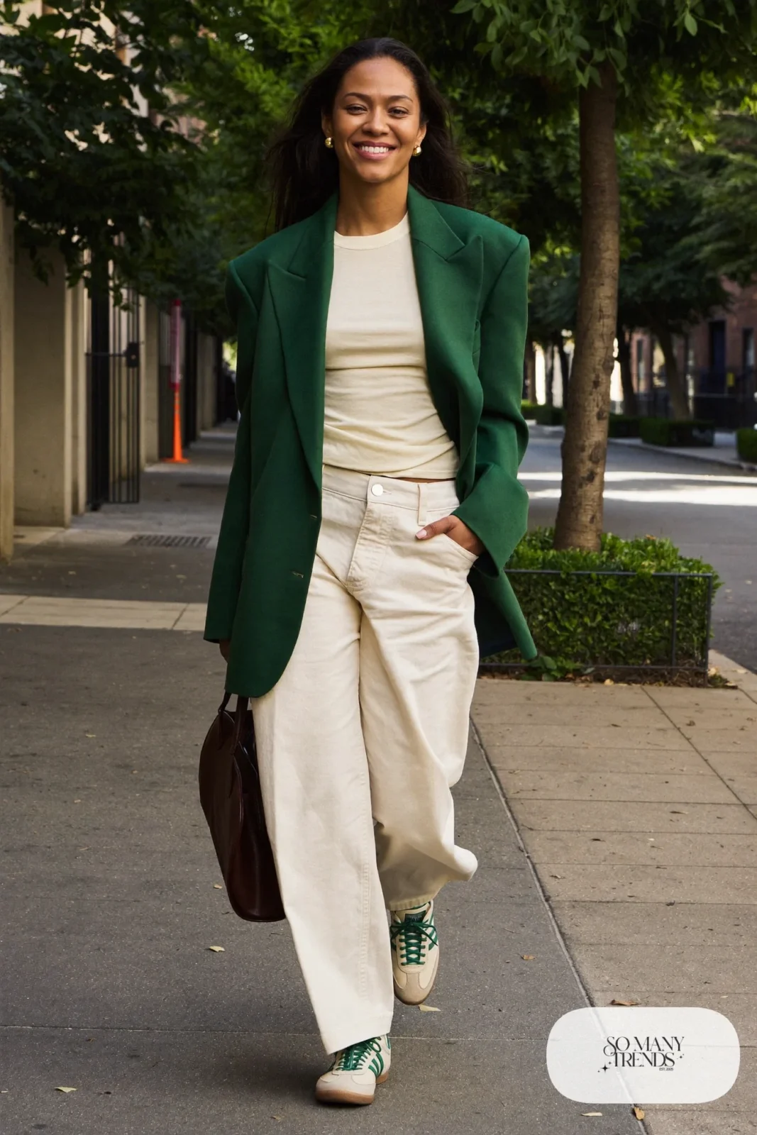 Forest green wool blazer, cream tee, cream wide-leg pants, brown belt and low retro sneakers, outfit 11