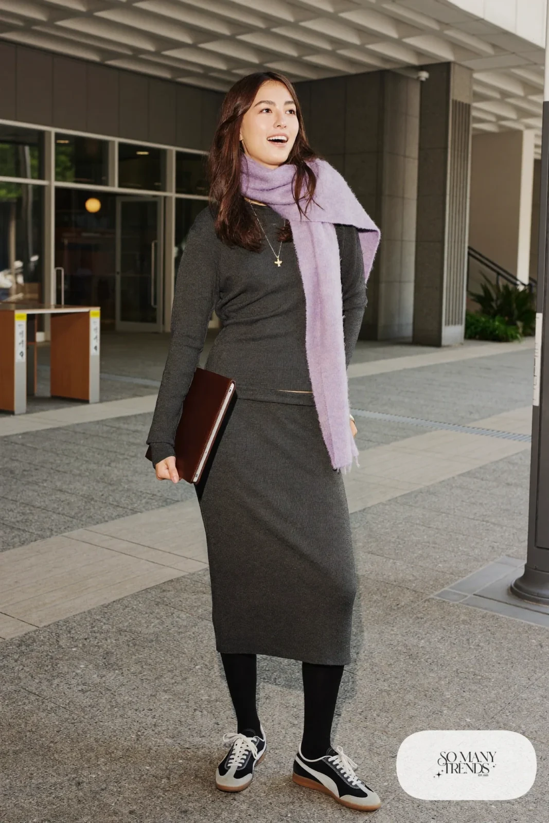 Charcoal knit top and midi skirt set, black tights, lavender scarf and low retro sneakers, outfit 12