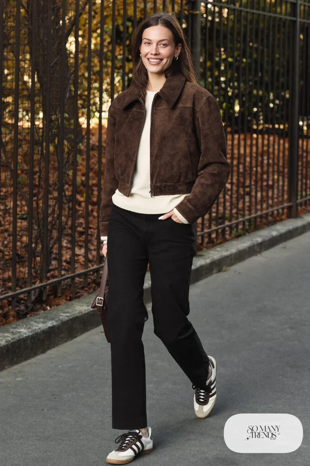 Chocolate brown suede jacket, cream knit sweater, black straight pants and low retro sneakers, outfit 13