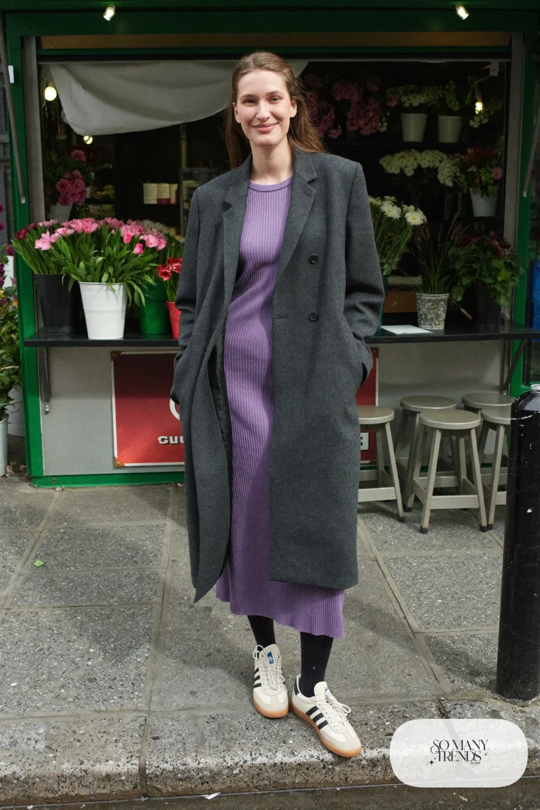 Lavender knit midi dress, black opaque tights, charcoal coat and low retro sneakers, outfit 14