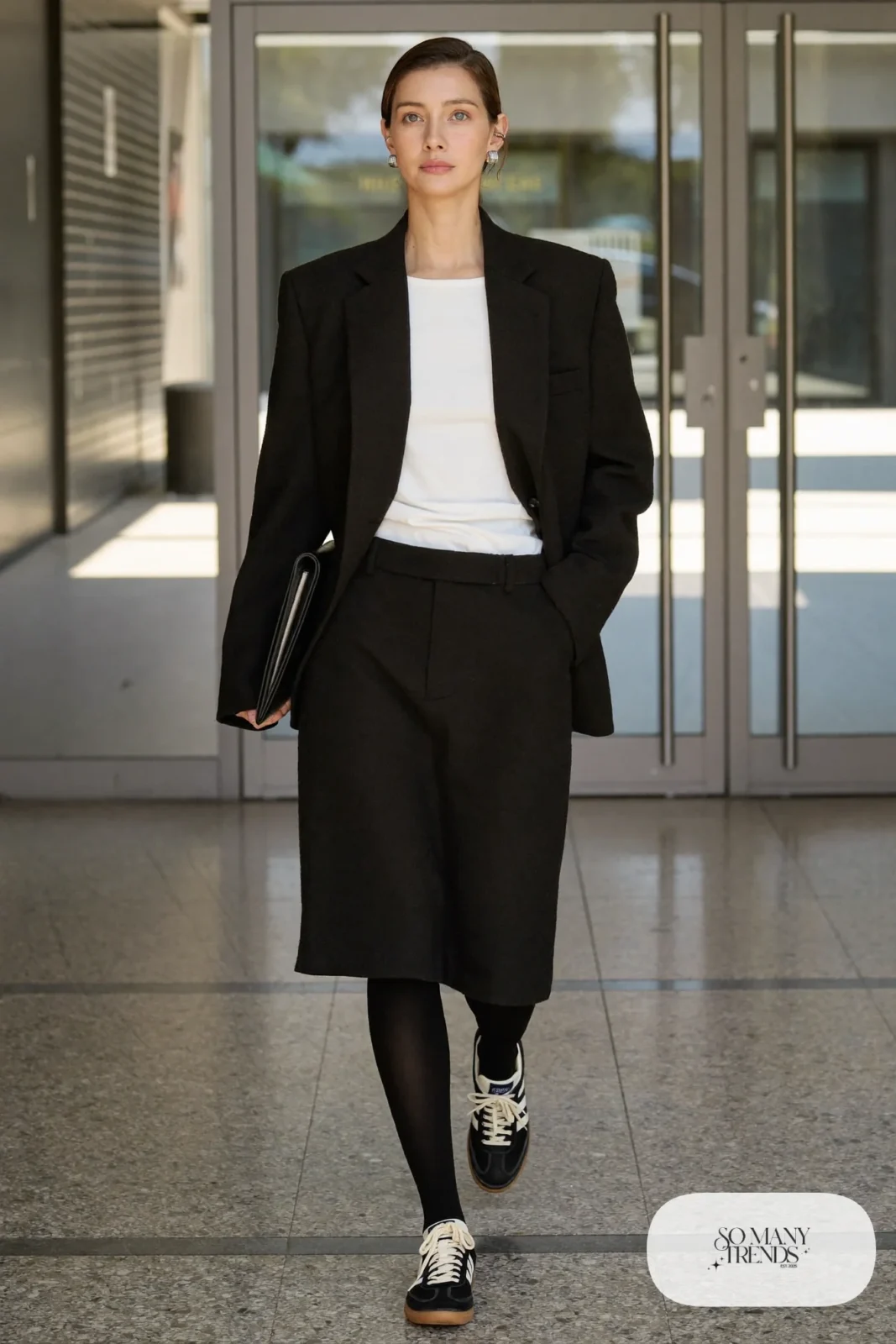 Black wool skirt suit, white tee, sheer black tights and low retro sneakers, outfit 16
