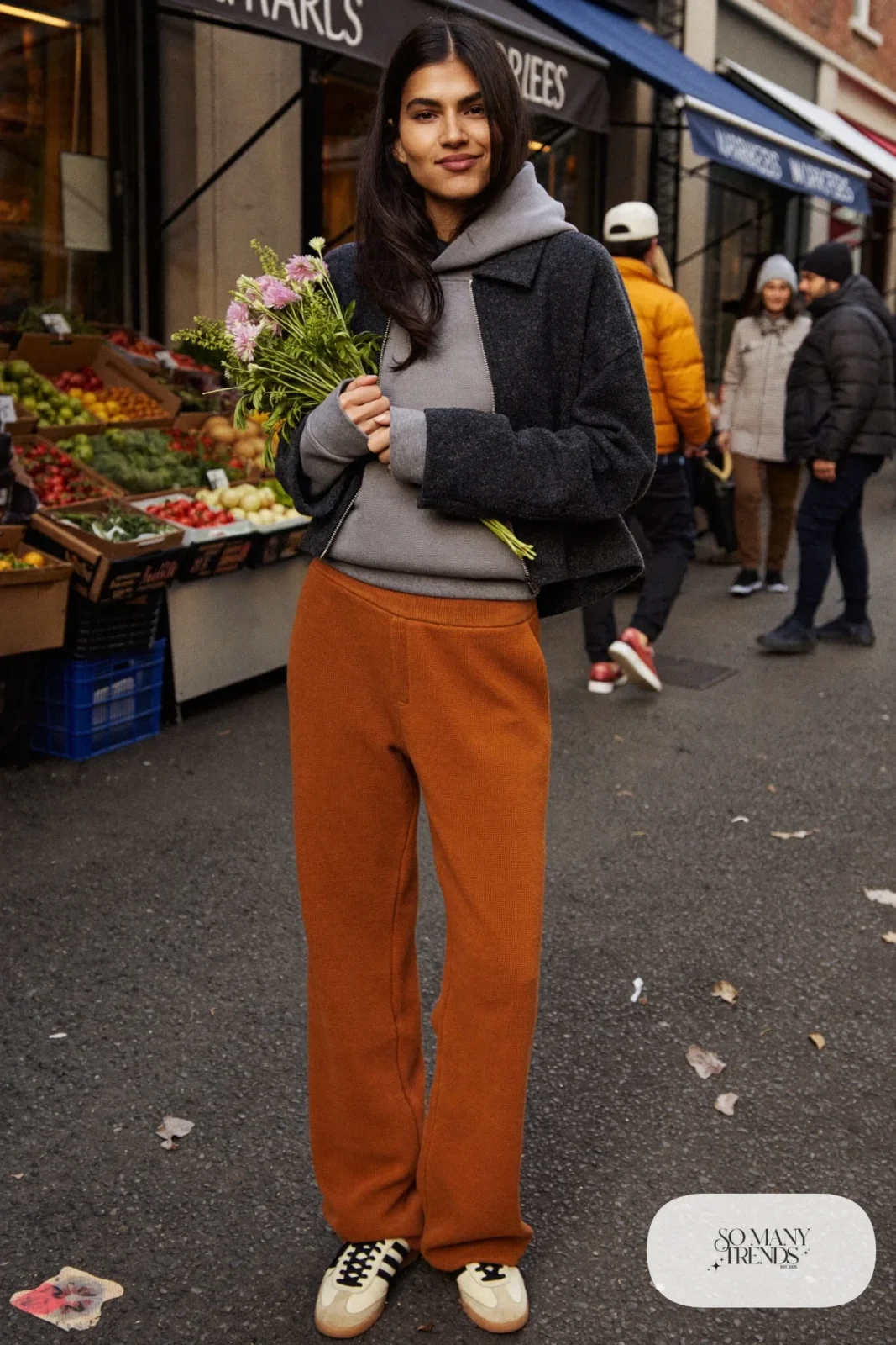 Burnt orange wide track pants, gray hoodie, charcoal wool jacket and low retro sneakers, outfit 17