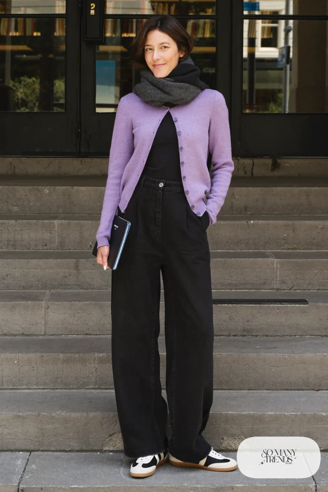 Lavender wool cardigan, black tee, black wide-leg pants, charcoal scarf and low retro sneakers, outfit 18