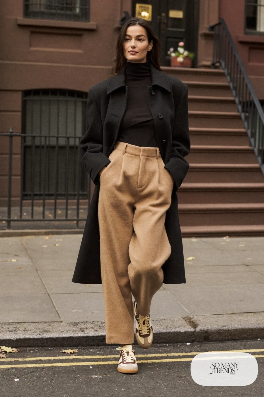 Camel straight pants, black fitted turtleneck, black wool coat and low retro sneakers, outfit 19
