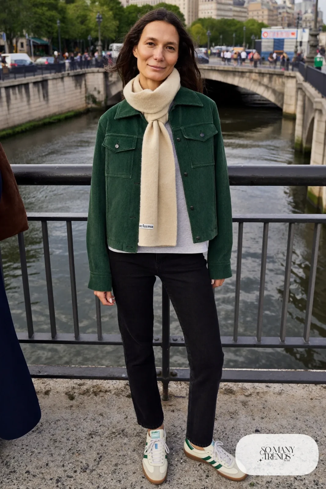 Forest green corduroy jacket, gray tee, black slim straight jeans, cream scarf and low retro sneakers, outfit 21