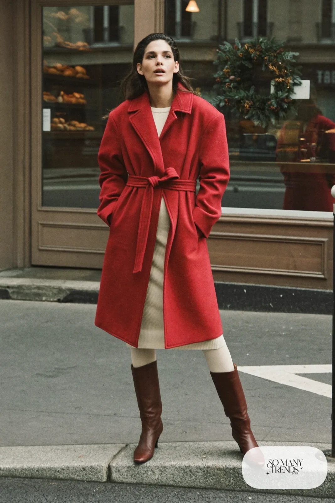 Red belted wool coat over ivory knit midi dress with brown tall boots, outfit 2