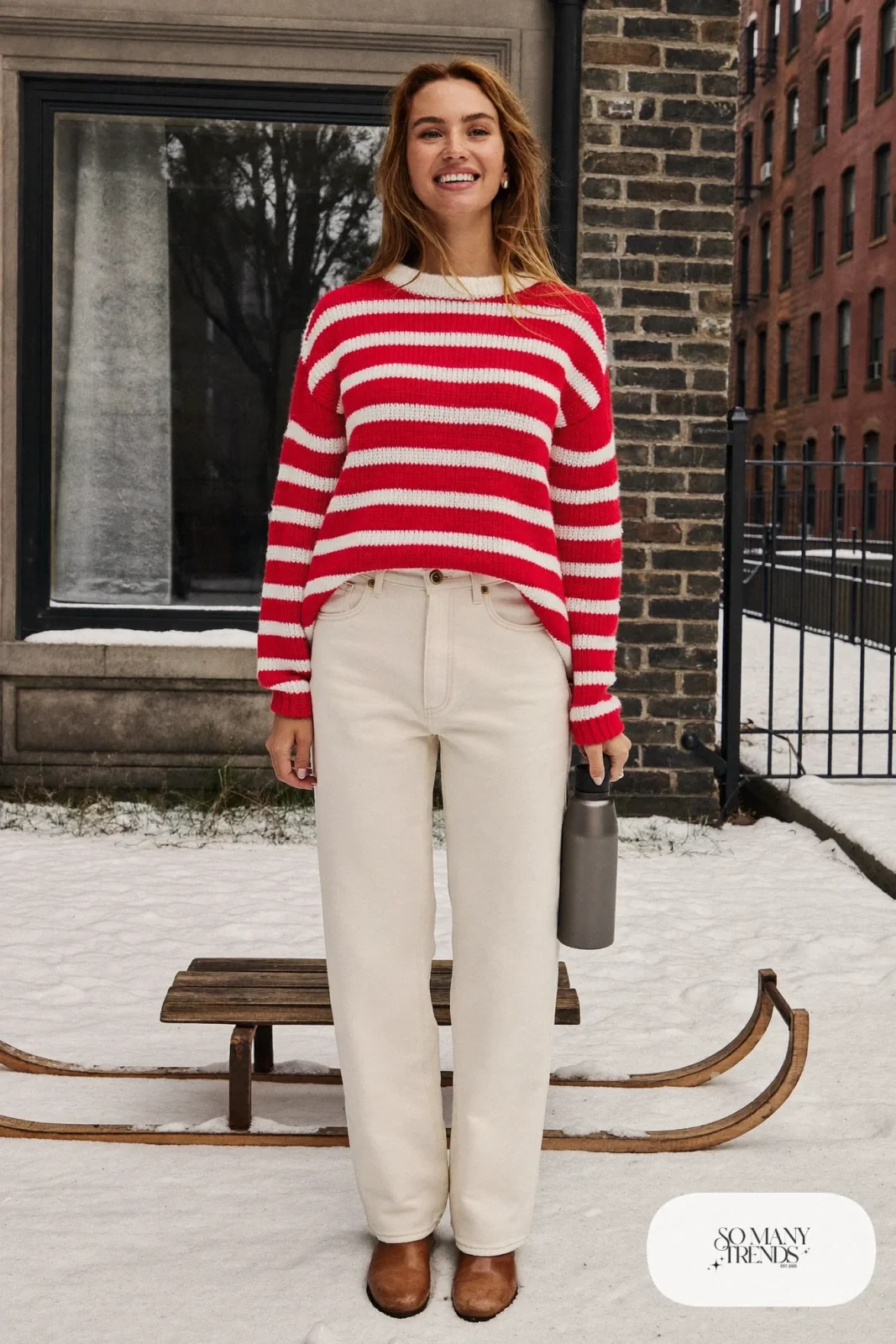 Red and white striped sweater with cream straight jeans and tan ankle boots, outfit 11