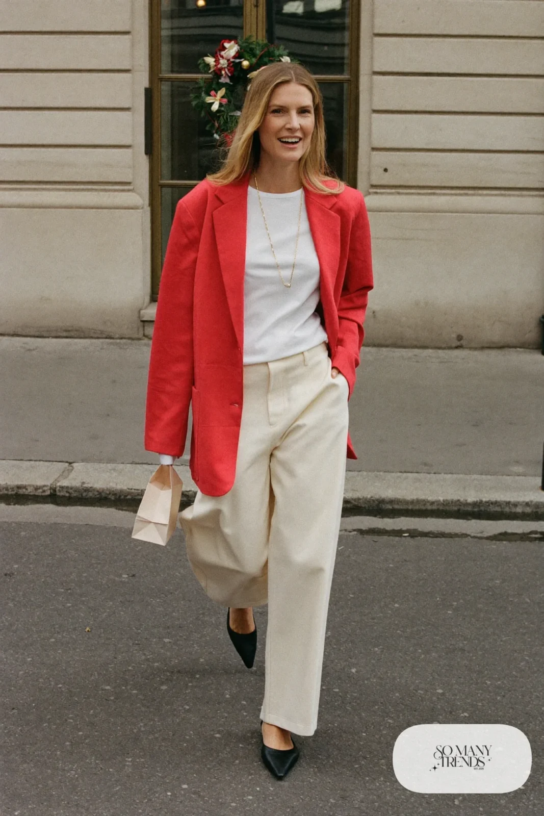 Red relaxed blazer over white tee with cream wide-leg pants and black pointed flats, outfit 13