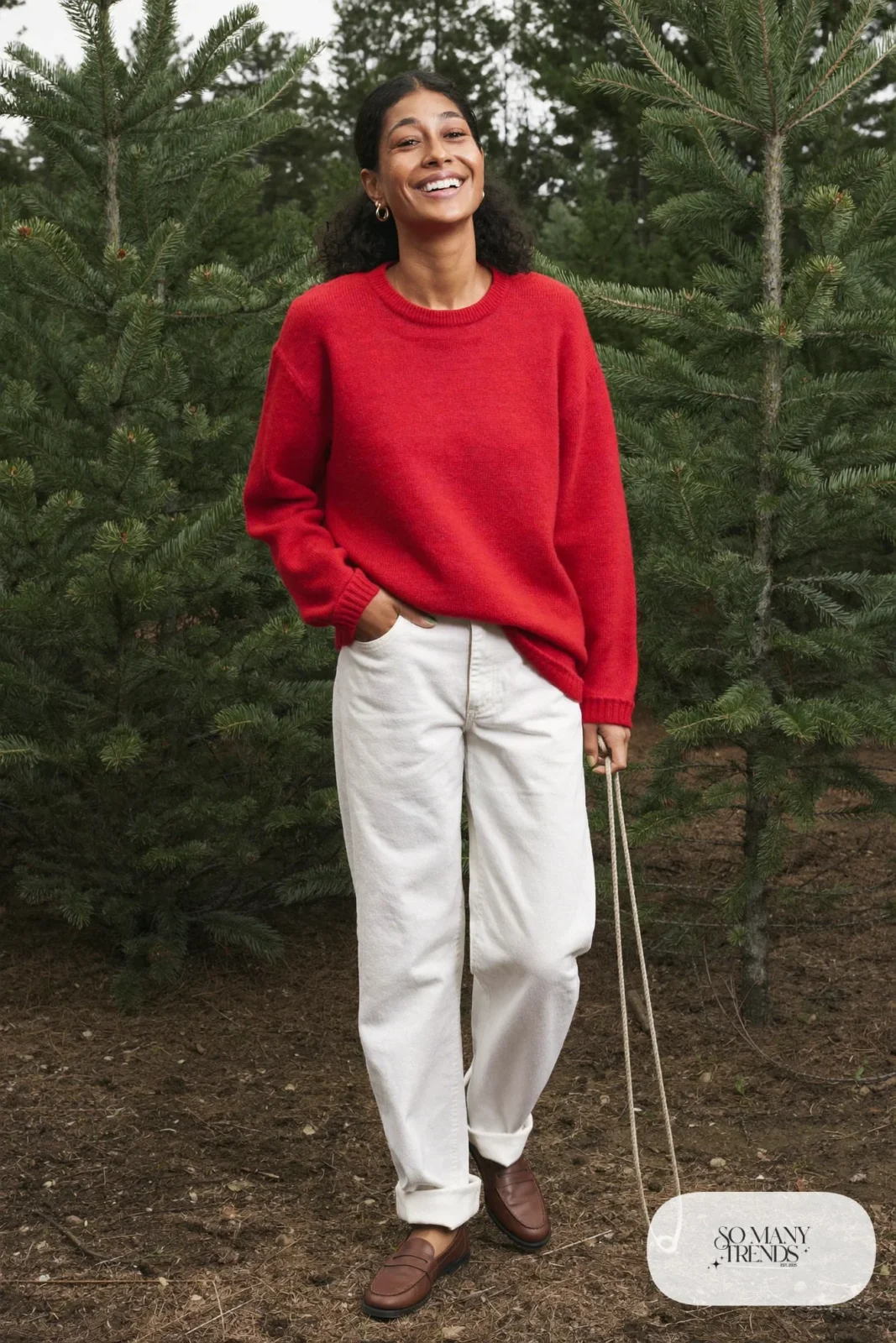 Red relaxed knit sweater with white straight jeans and brown loafers, outfit 26