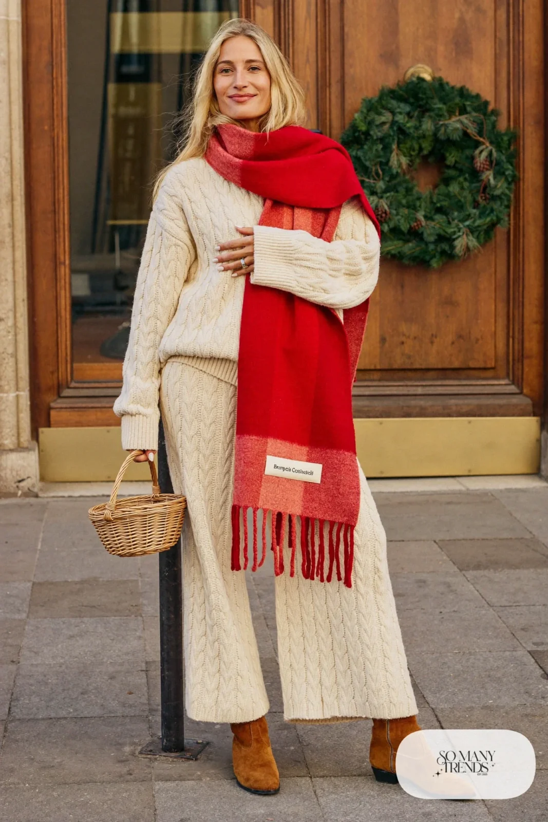 Cream knit sweater and wide pants set with large red wool scarf and tan suede ankle boots, outfit 29