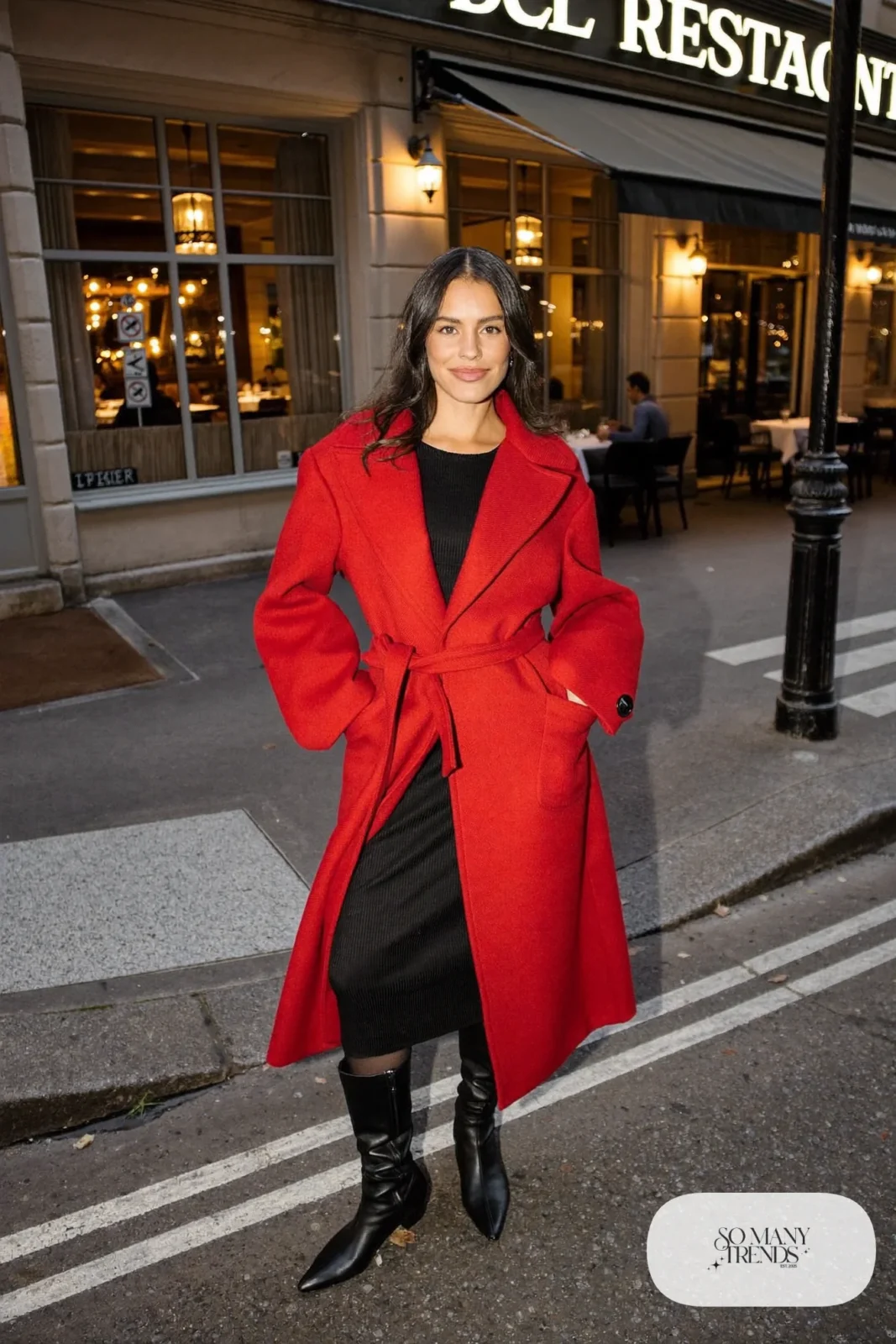 Woman in a black knit midi dress, red belted coat and black knee-high boots, look 10