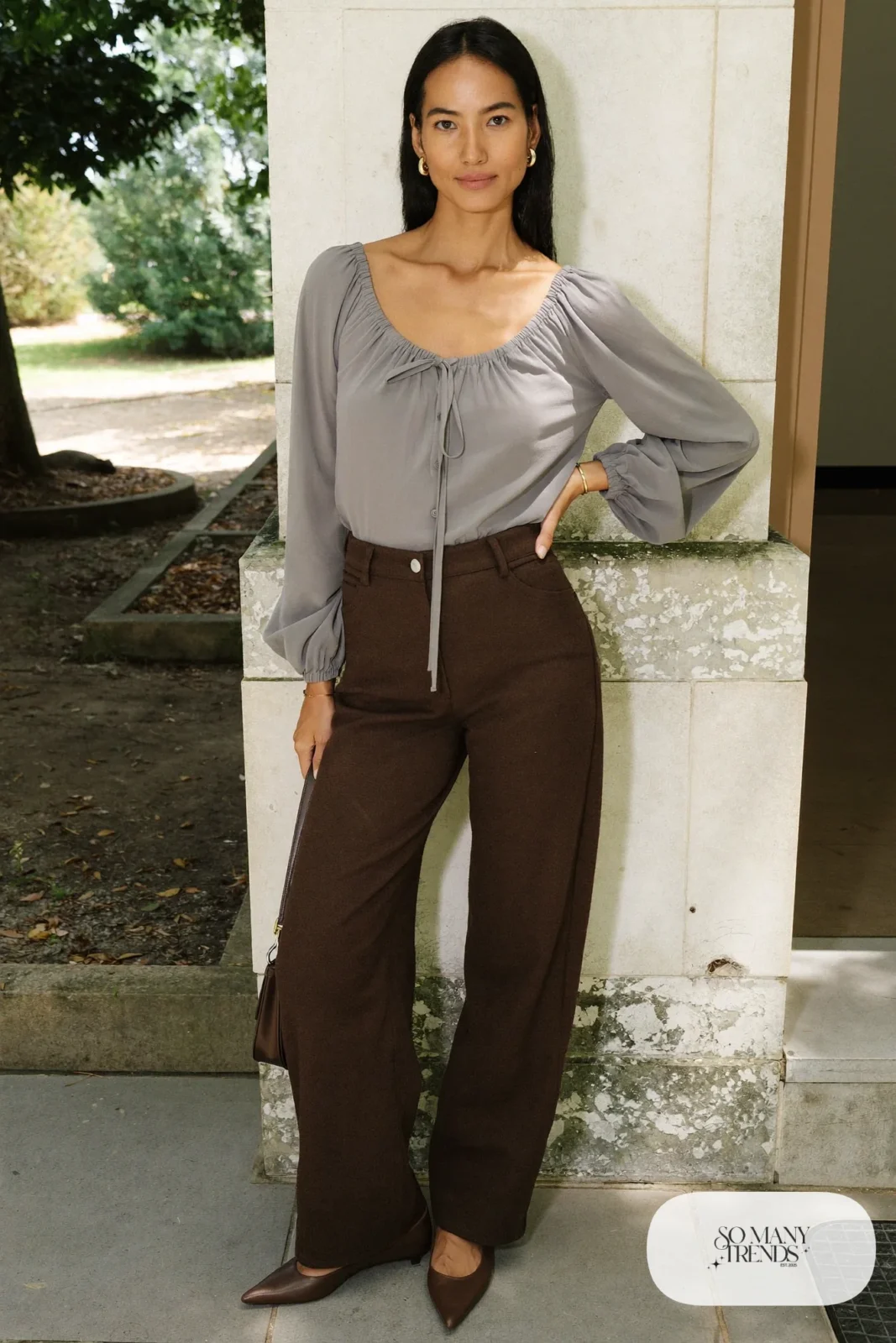 Dove gray tie-neck blouse, espresso brown wool wide-leg pants and brown pointed flats, outfit 6