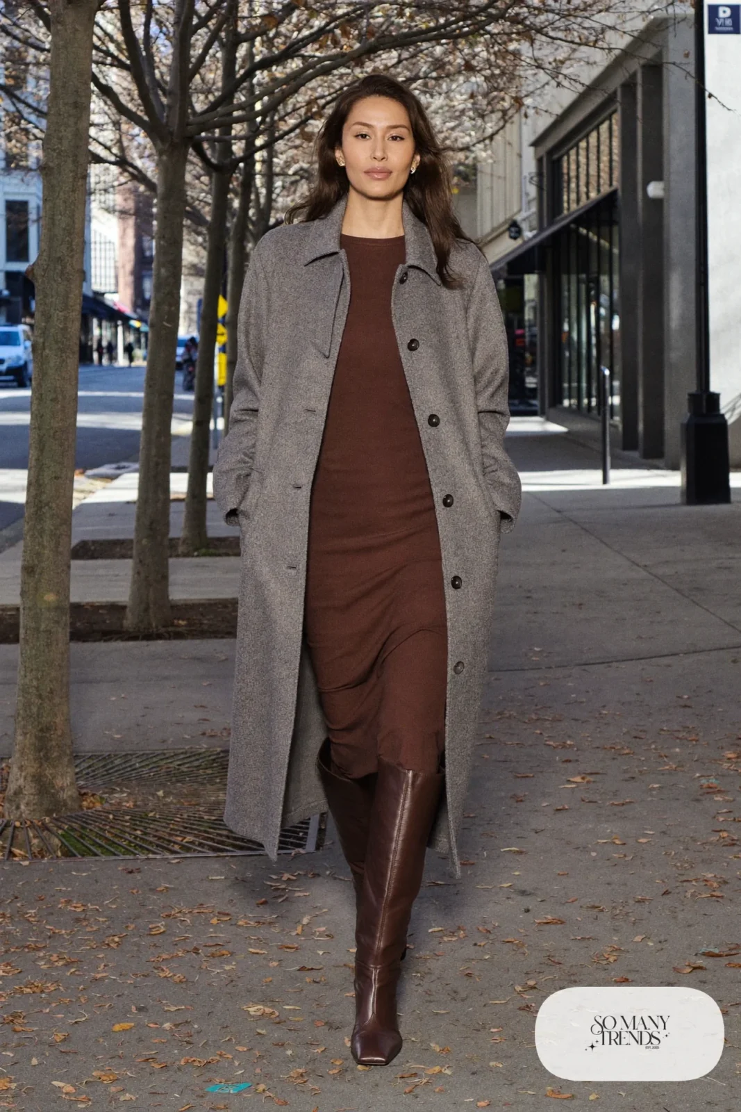 Long gray wool coat, chocolate brown knit midi dress, brown tall boots and brown leather tote, outfit 7