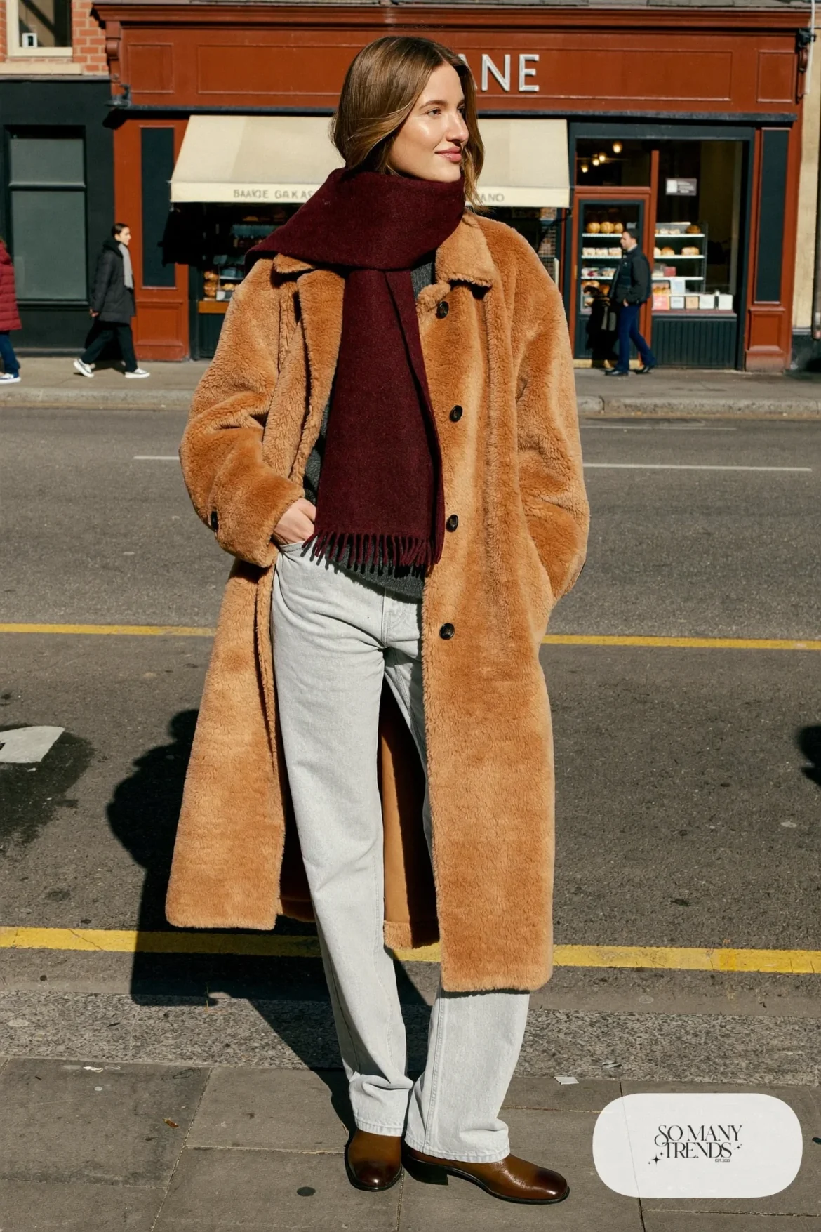 Camel teddy coat, charcoal sweater, gray straight jeans, burgundy scarf and brown ankle boots, outfit 8