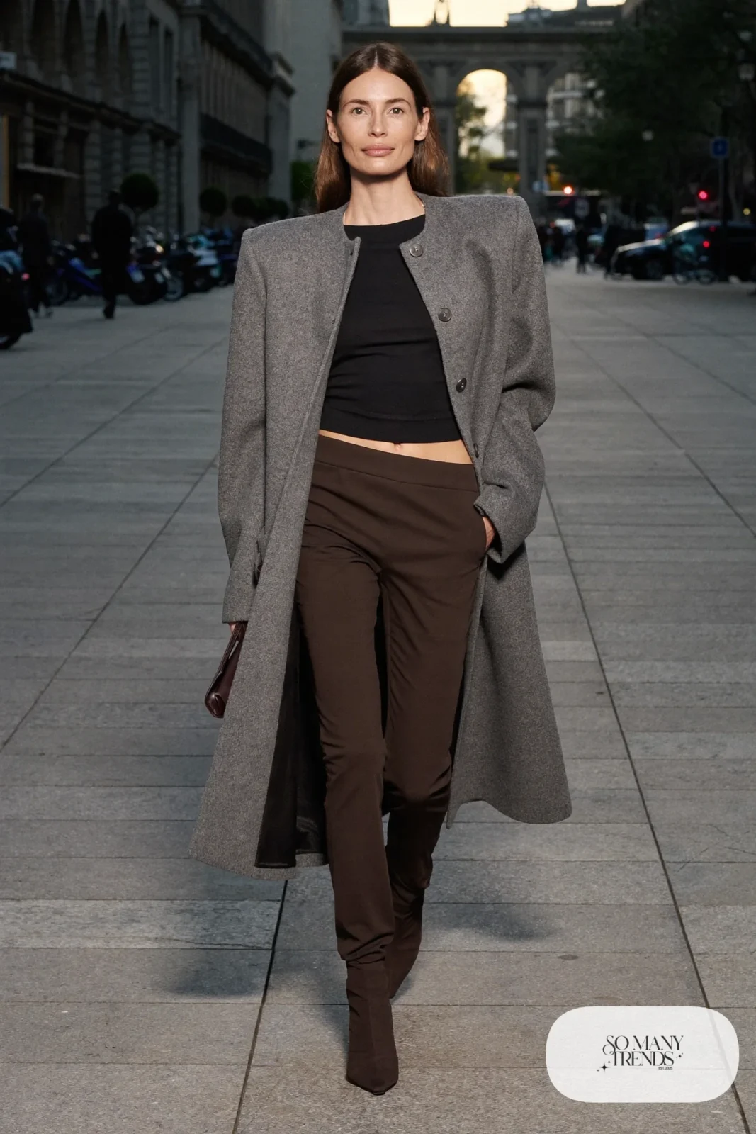 Gray wool cape coat, black fine-knit top, dark brown slim pants and brown suede boots, outfit 9