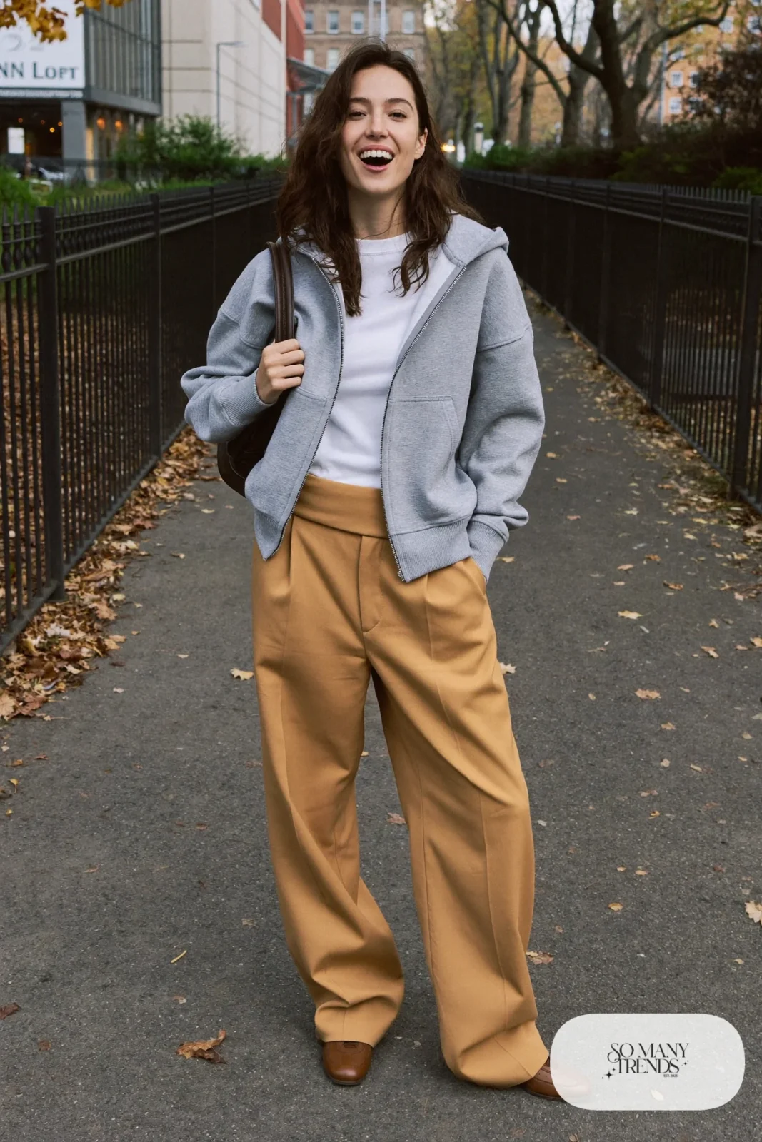 Heather gray zip hoodie, white tee, camel wide pants, brown sneakers and brown bag, outfit 13