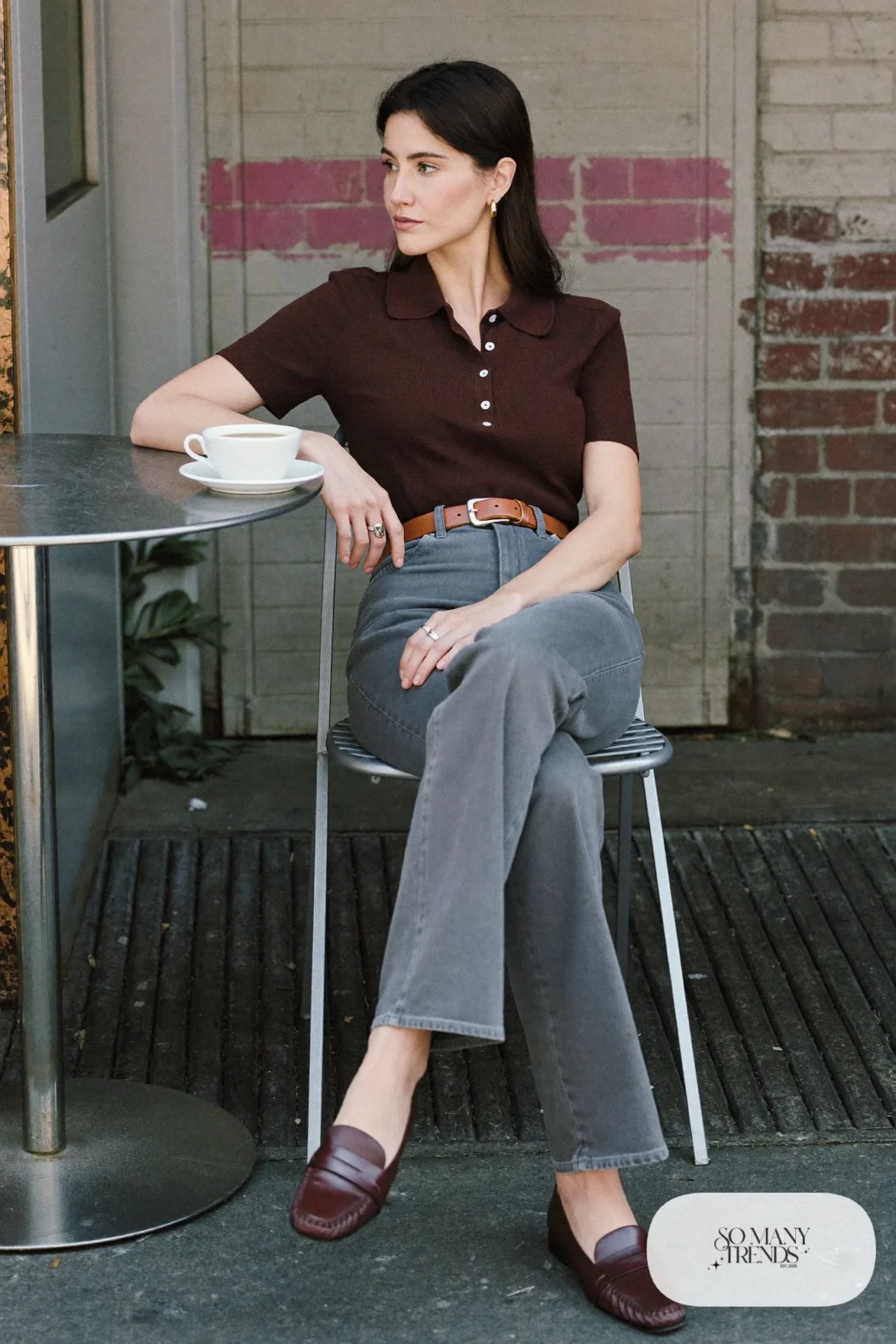 Chocolate brown knit polo, gray straight jeans, tan leather belt and brown loafers, outfit 15