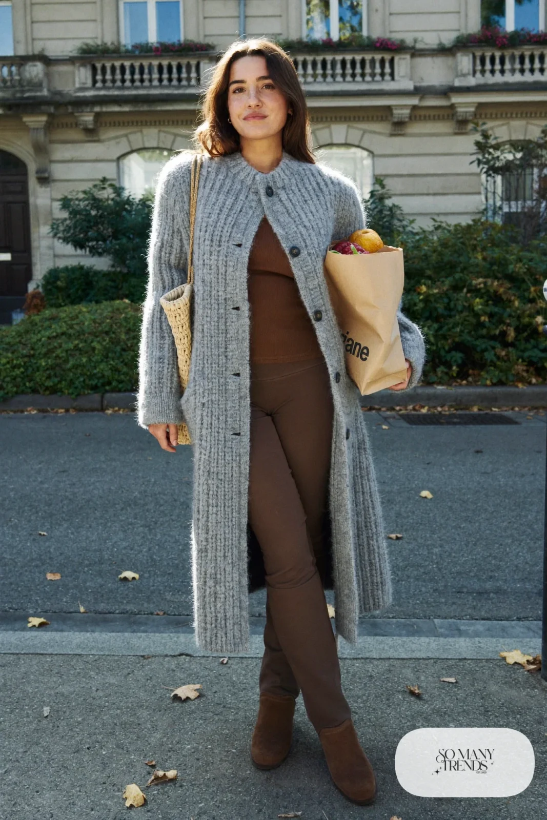 Long gray cardigan coat, brown knit top, brown slim pants and brown suede boots, outfit 16
