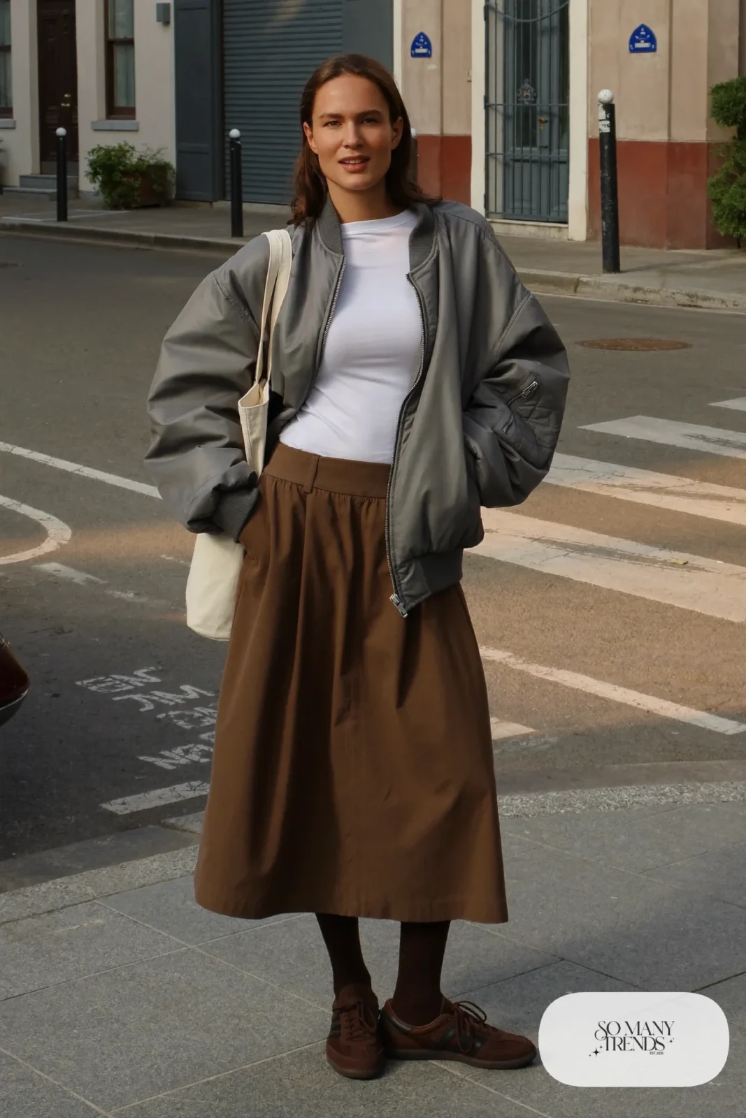 Gray bomber jacket, white tee, brown cotton midi skirt and brown sneakers, outfit 18