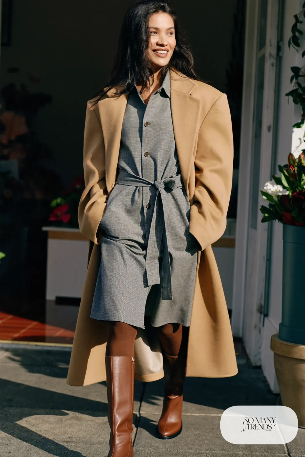 Gray flannel shirt dress, camel coat, sheer tights and tall brown boots, outfit 20