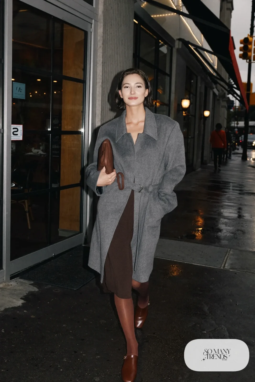 Gray wool wrap coat, chocolate knit dress, sheer tights and brown pumps, outfit 27