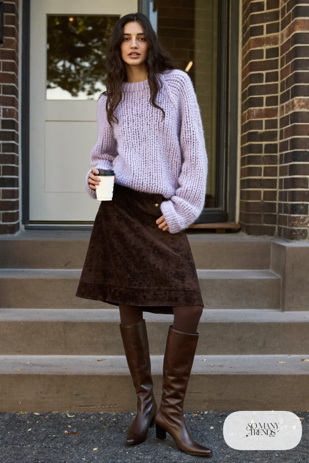 Woman in a lilac knit sweater, brown suede midi skirt, brown opaque tights and brown leather ankle boots, outfit 2