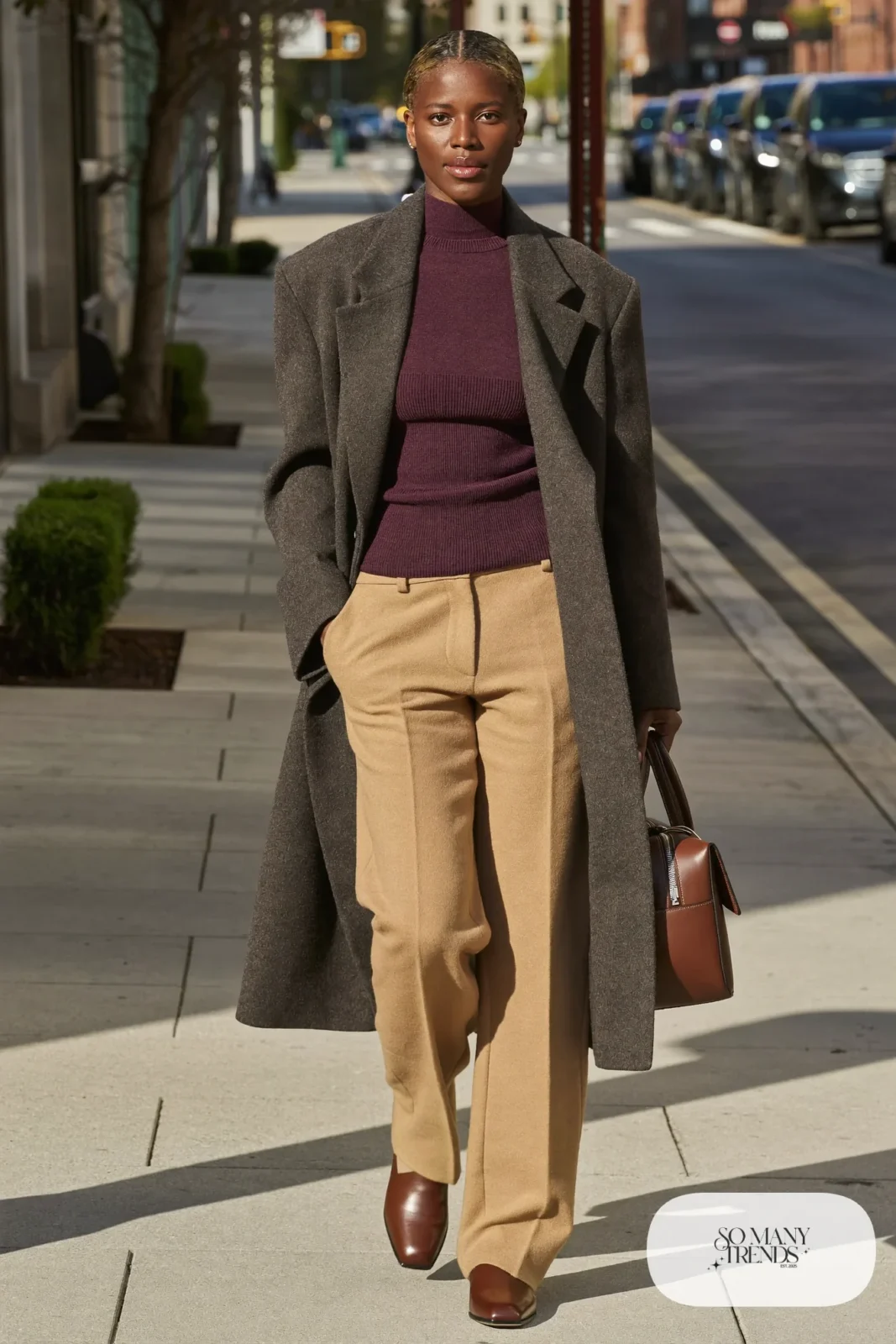 Woman in a plum mock-neck knit top, camel wool straight pants, brown leather belt and brown loafers, outfit 21