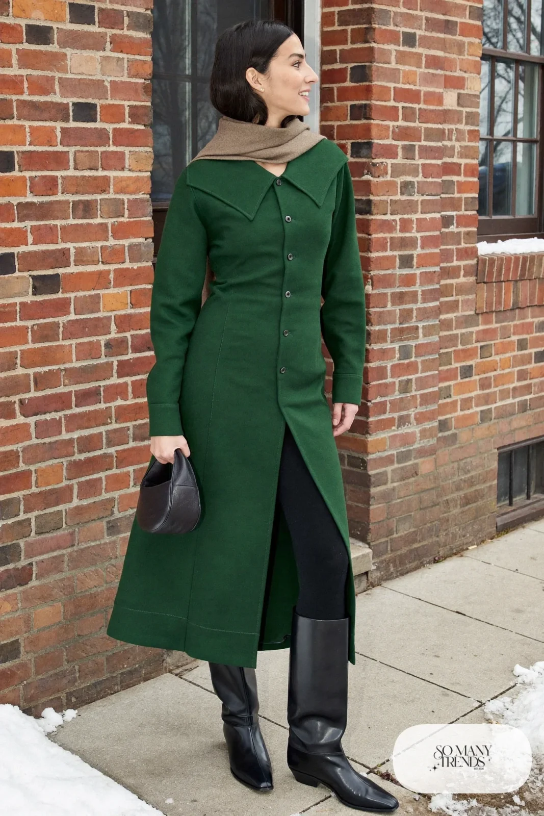 Woman in a forest green western midi dress with black tights and tall black boots, outfit 7