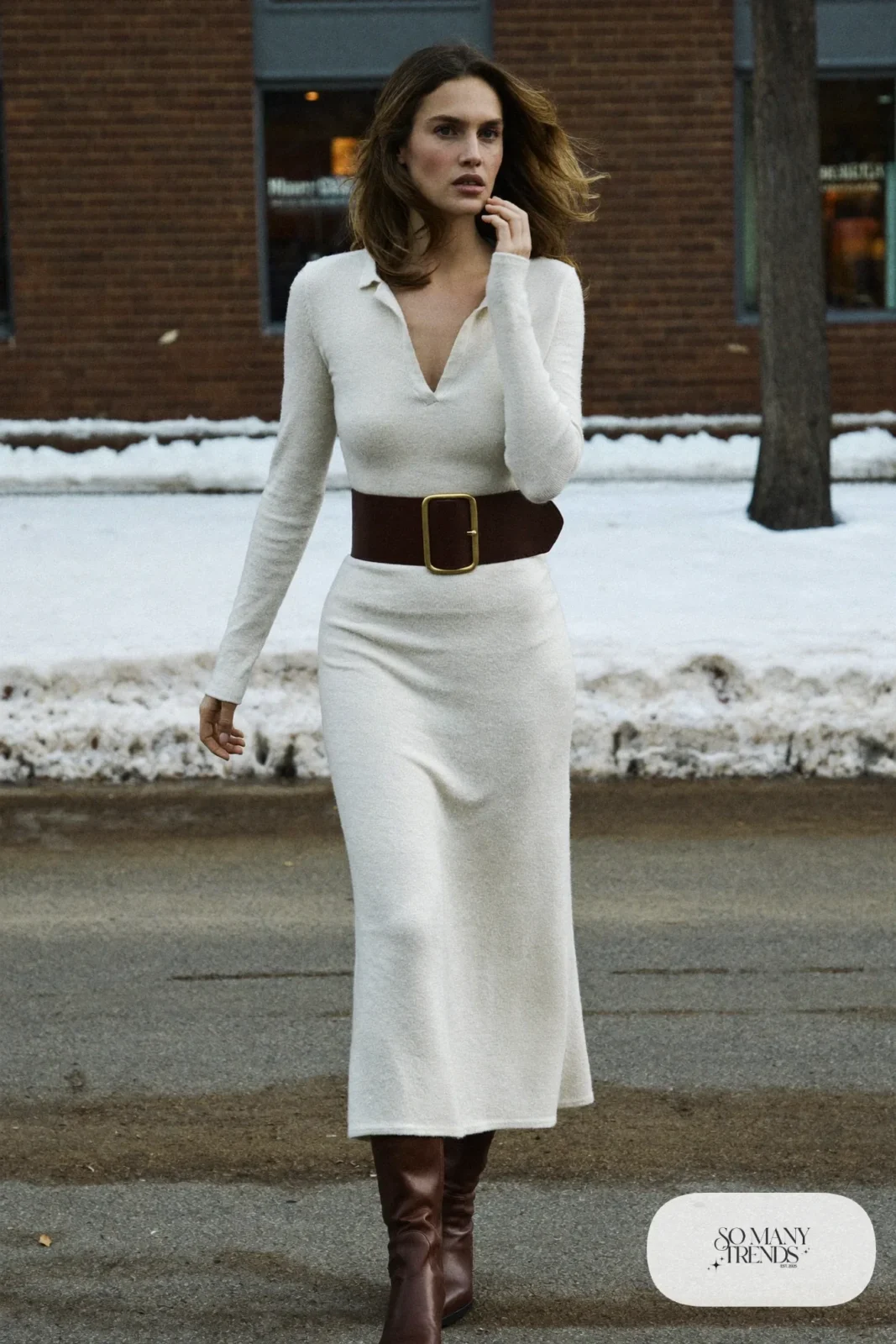 Woman in a champagne ribbed knit midi dress with wide brown belt and tall brown boots, outfit 15